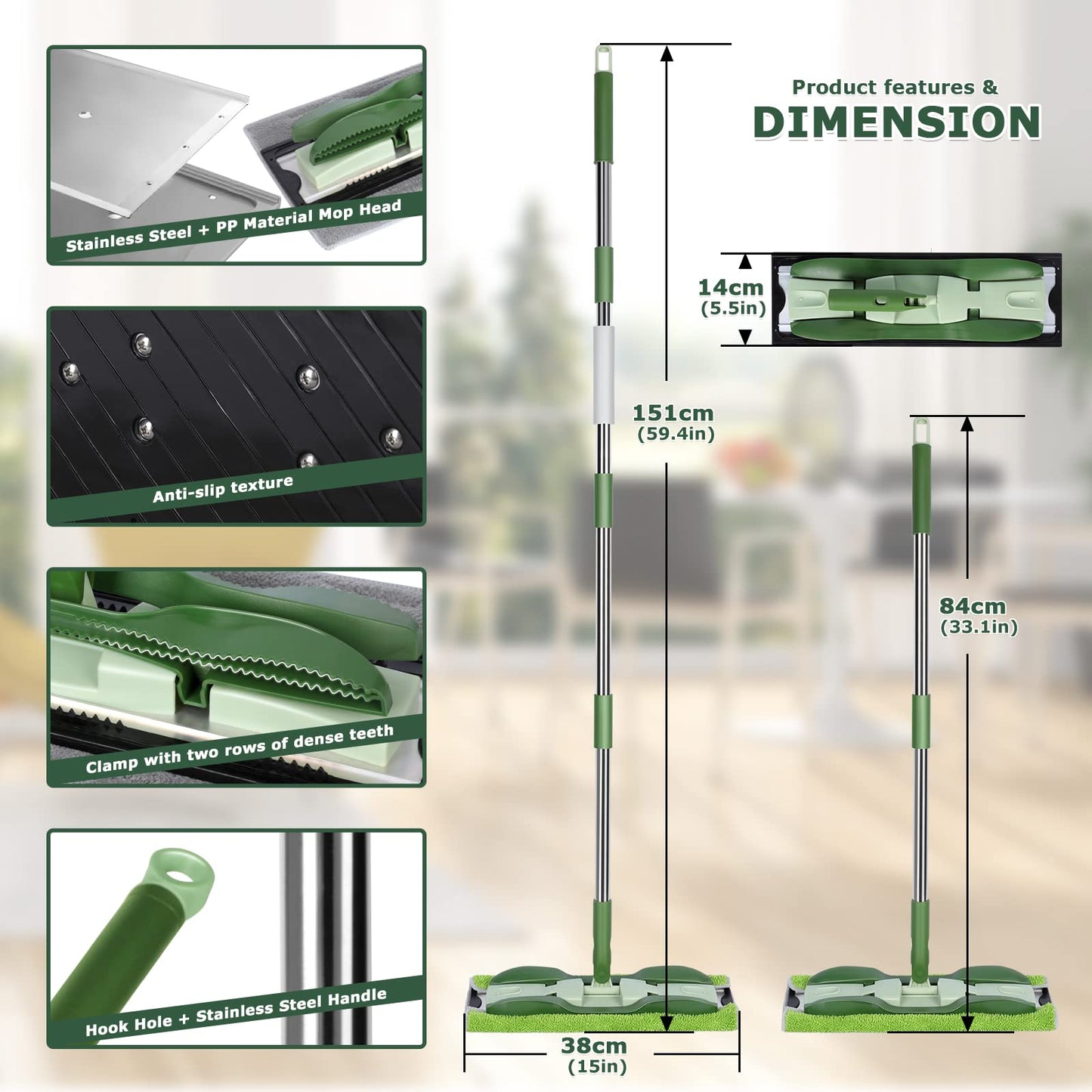 Masthome Wischmopp Bodenwischer Bodenreiniger,Mikrofaser Mopp mit 128cm Teleskopstiel,Wischer Boden Flachmopp mit 4 Moppads für Hartholz,Laminat,Fliesen,Marmor,Send Scraping Dust