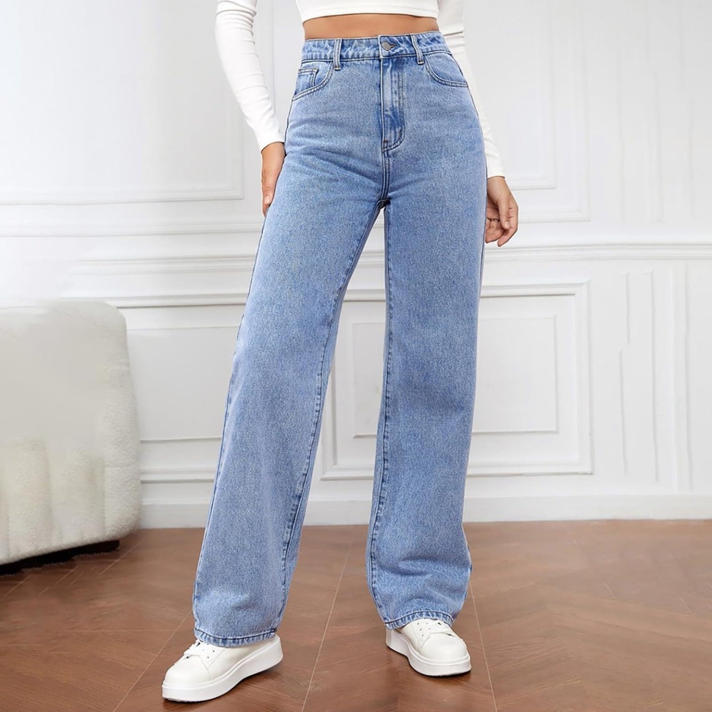 Generisch Baggy Jeans Damen - High Waist Stretch Weites Bein Hose Wide Leg Jeanshose Straight Fit Jeans Tailliert Lang Hosen Y2K Vintage Freiziethose Lockere Gerade Damenjeans
