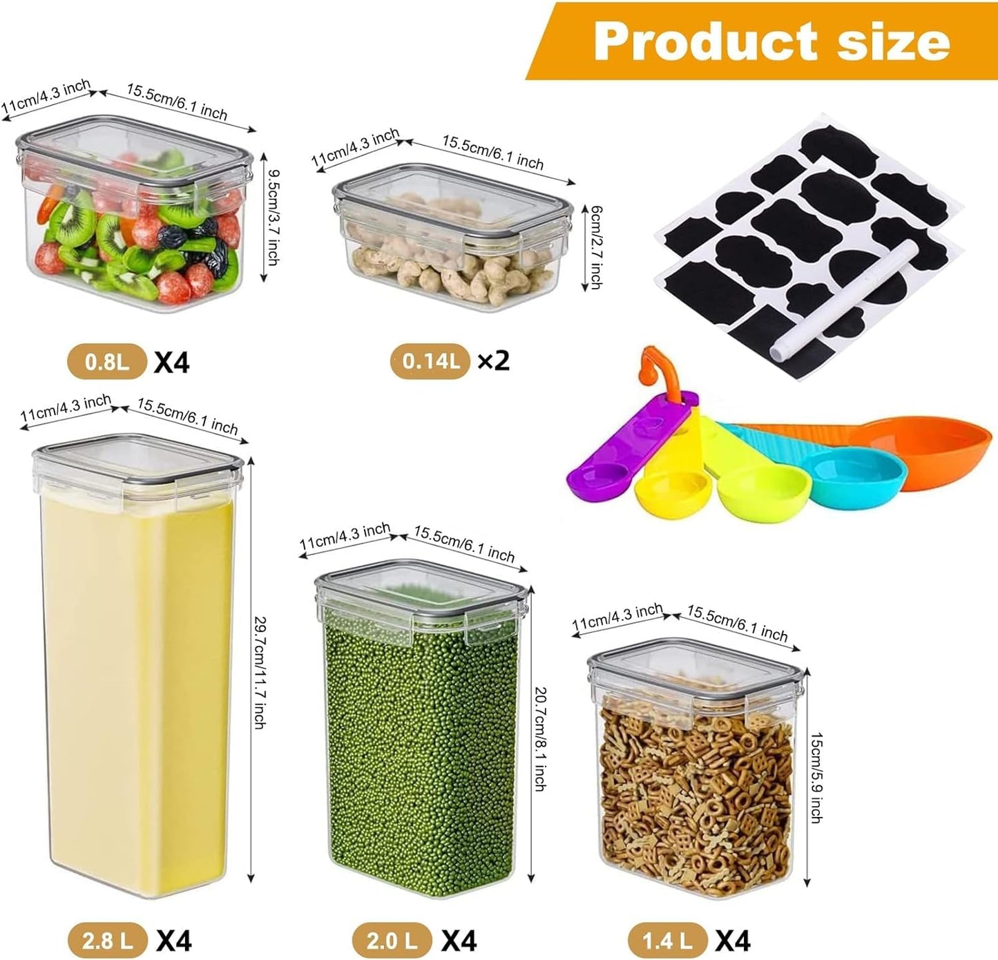 stusgo 24 Airtight Food Storage Containers with Lids Plastic Containers for Kitchen and Organization Cereal Flour and Sugar BPA Free Includes Spoon, Labels and a Pen