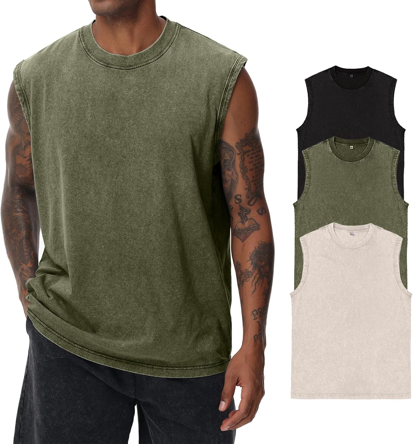 Herren Kurzarm Sommer Ärmelloses Shirt, Männer Fitness ärmellos Weste, Washed Sleeveless t-Shirt, Workout, Fitnessstudio, Baumwolle