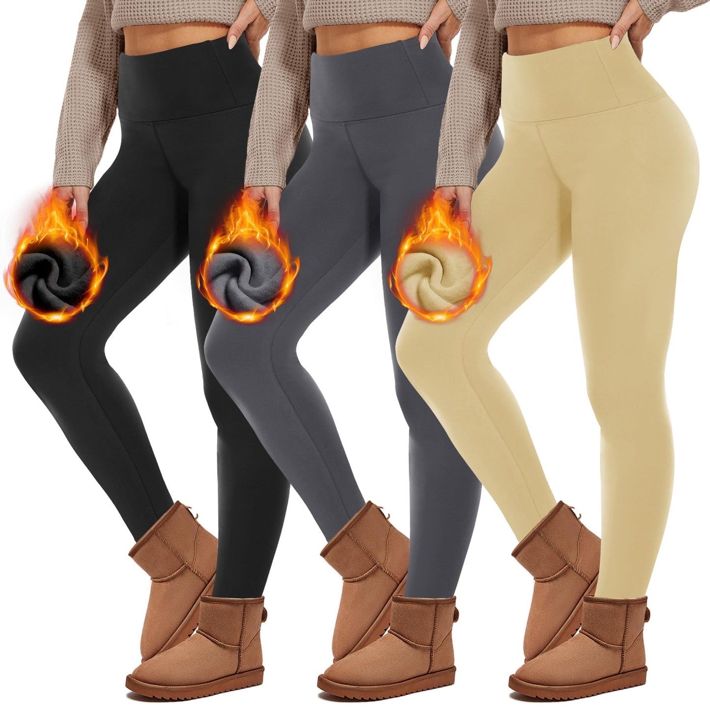 HIPOWER Pack of 3 Women's Thermal Leggings with Pockets Leggings Lined Winter High Waist Fleece Warm Leggings Opaque Black Sports Thermal Underwear Running Trousers Yoga Pants