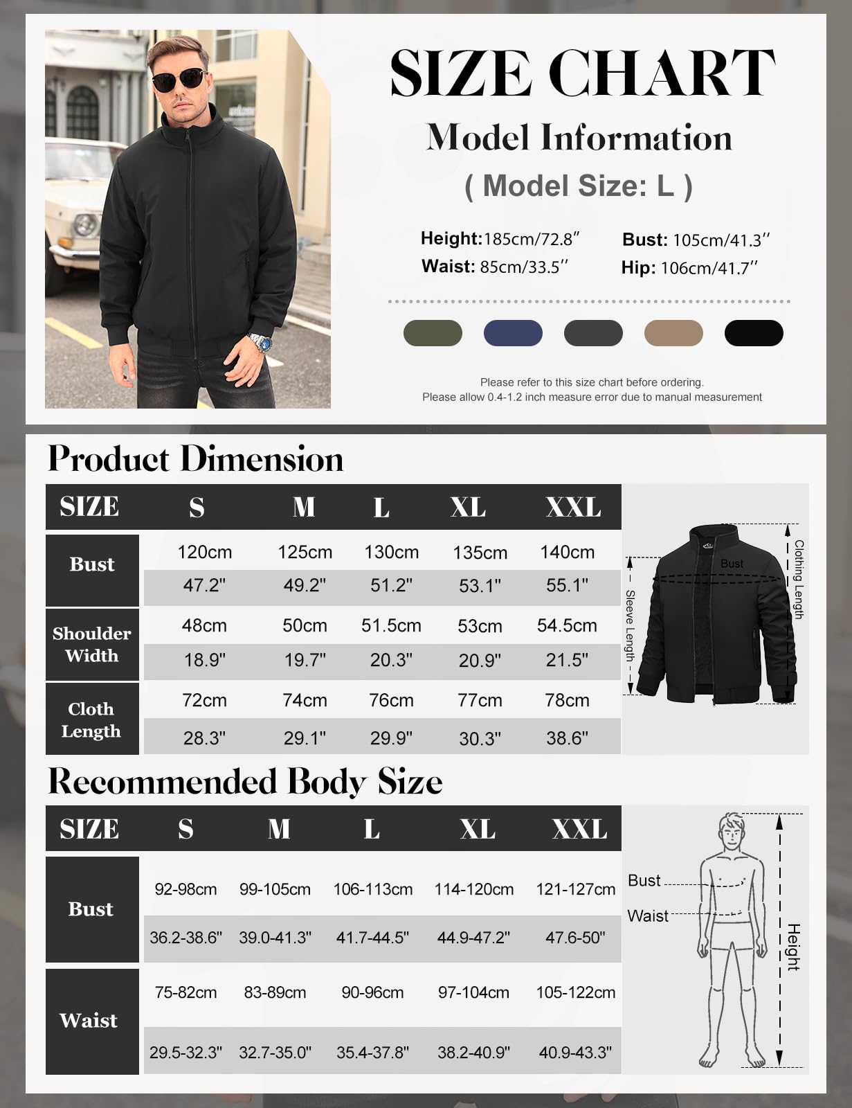 Lonya Men's Fleece Winter Windproof Bomber Jacket Full Zip Transition Jacket Flight Jacket Autumn Warm Padded Stand-Up Collar Coats Jackets