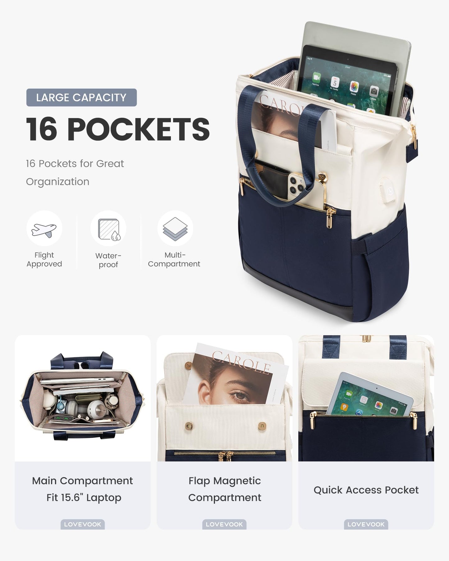 LOVEVOOK Rucksack Damen, Laptop Schulrucksack Wasserdicht, Schultasche Teenager Backpack Women Elegant Tagesrucksäcke Handtasche 2 in 1, 15,6 Zoll Arbeitstasche Lehrertasche Reiserucksack für Uni Büro