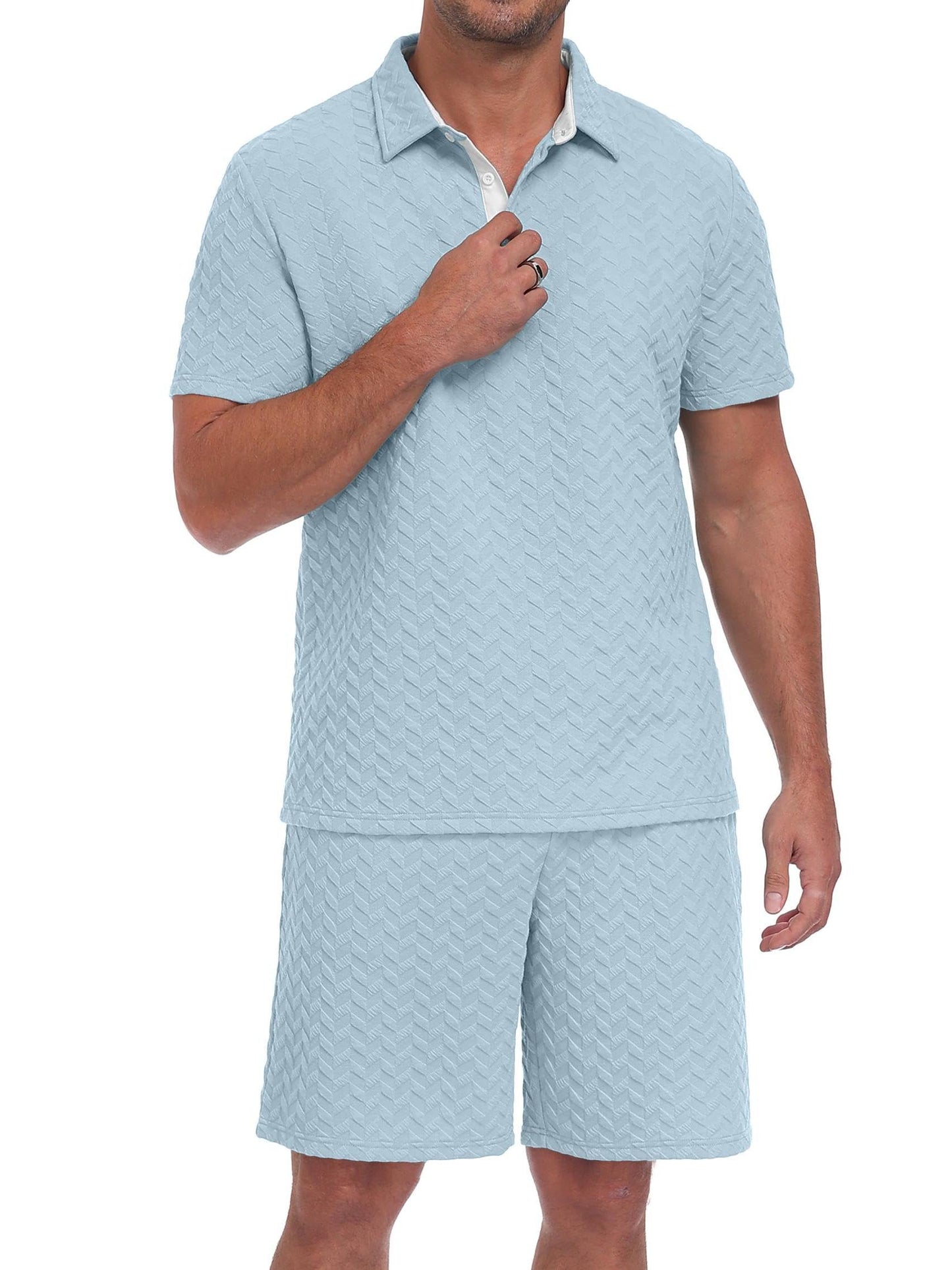 QIXING Herren Sommer Set 2 Teiler Polohemd und Shorts Set Herren Kurzarm Polo Shirt mit Strukturmuster Leichtes Freizeit Outfit für Urlaub Strand Reisen und Alltag