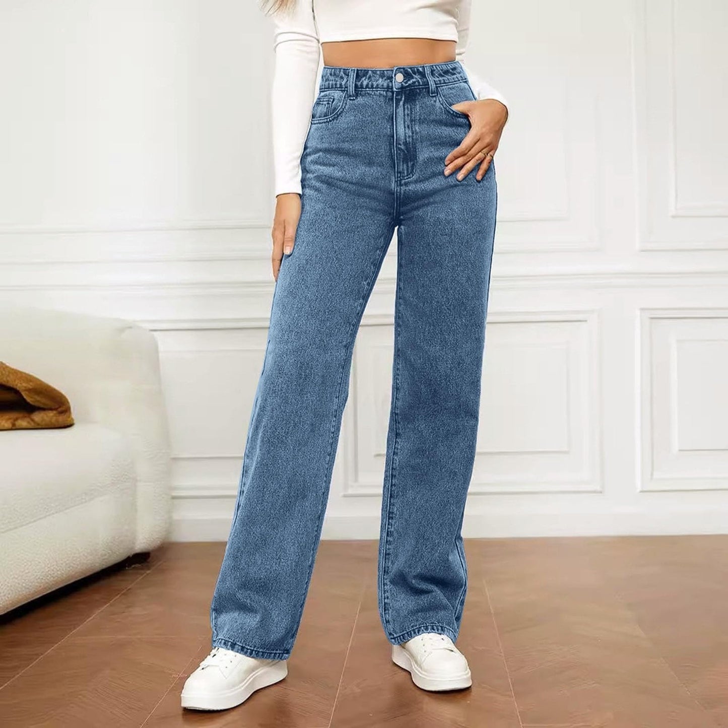 Generisch Baggy Jeans Damen - High Waist Stretch Weites Bein Hose Wide Leg Jeanshose Straight Fit Jeans Tailliert Lang Hosen Y2K Vintage Freiziethose Lockere Gerade Damenjeans