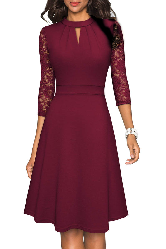 HOMEYEE Damen Elegant Hollow Out Spitze Swing Retro Party Cocktailkleid A234