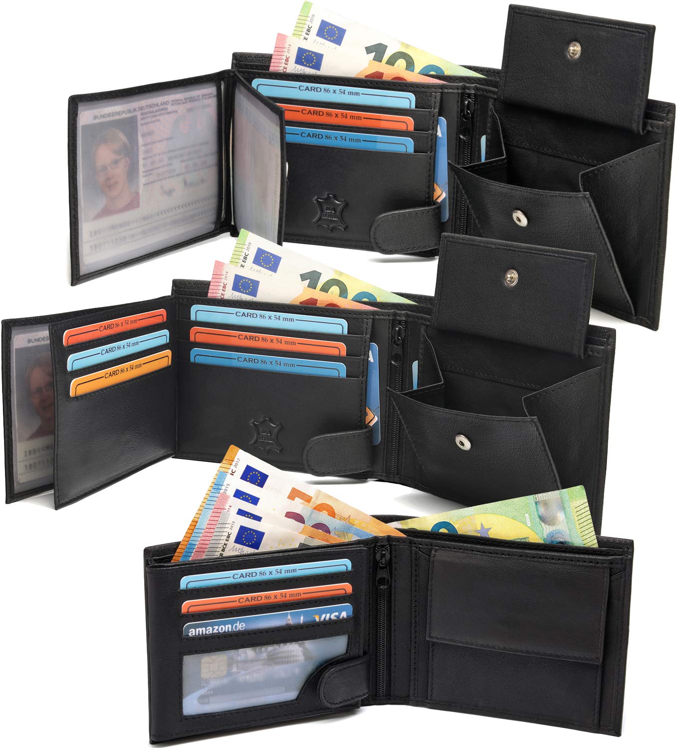 Fa.Volmer ® Leder Geldbörse Herren - extra-stabile Doppelnaht - 9 Fächer für Kreditkarten - Querformat - VO11 (01 schwarz)