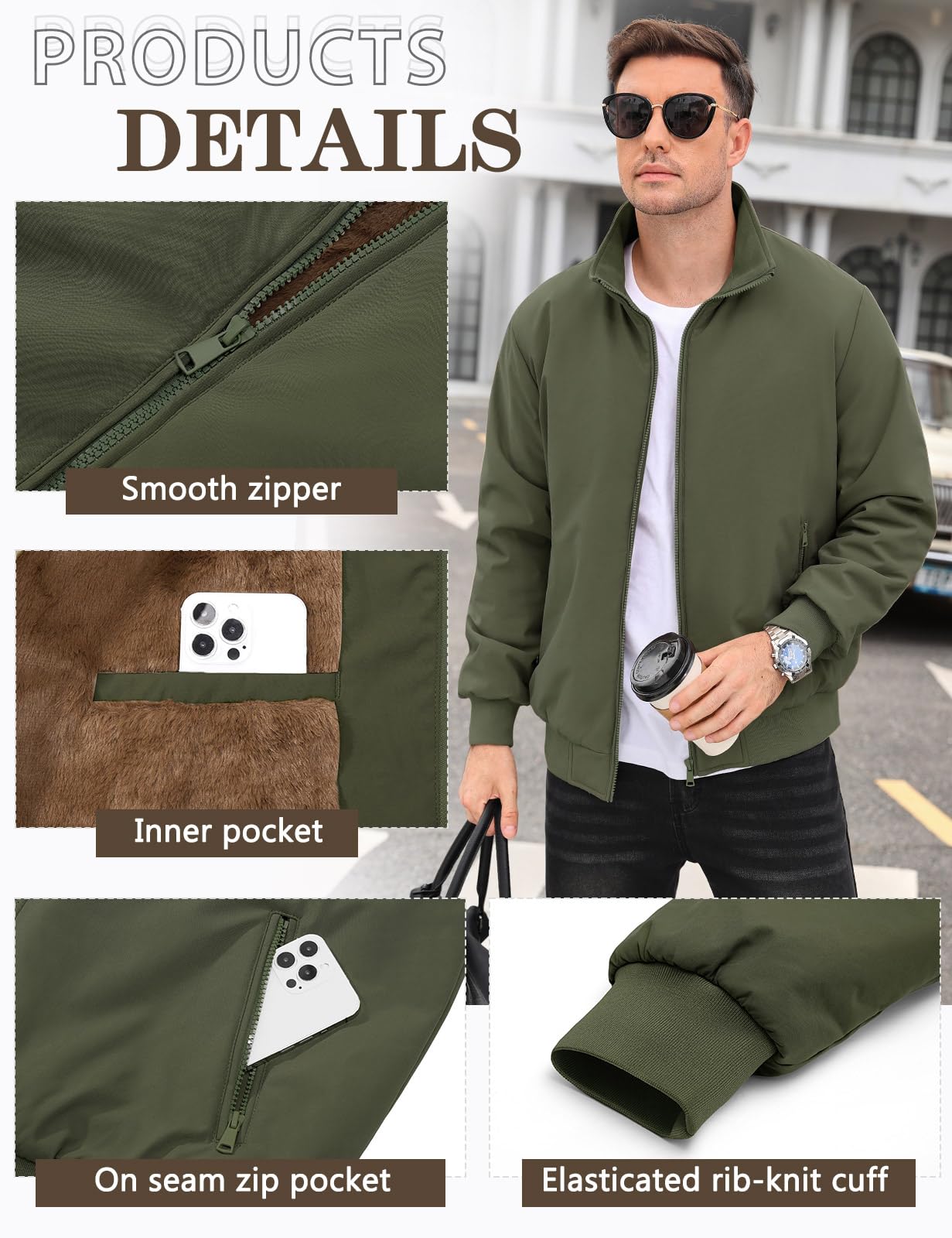 Lonya Men's Fleece Winter Windproof Bomber Jacket Full Zip Transition Jacket Flight Jacket Autumn Warm Padded Stand-Up Collar Coats Jackets