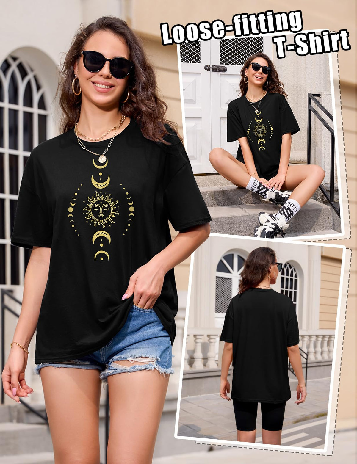 Lonya T Shirt Damen Oversized Vintage Rundhals Kurzarm 80er Jahre Brief Gedruckt Schleife Blumen Sonne Mond Muster Sommer Bluse Baumwolle Oberteile Tops Retro 80s Casual Lockere Basic Tee Shirt