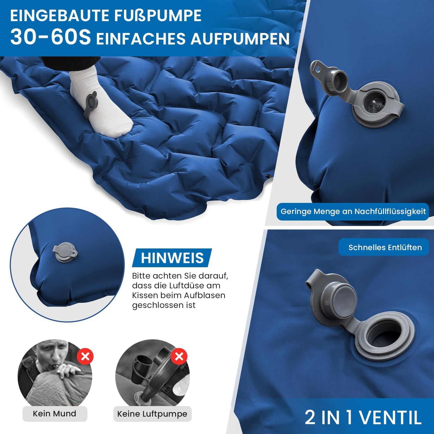 KingCamp Camping Isomatte Selbstaufblasend mit Fußpumpe, Luftmatratze 1 Personen mit integrierten Kopfkissen Outdoor Ultraleichte Campingmatte kleines Packmass, für Camping, Wandern, Trekking