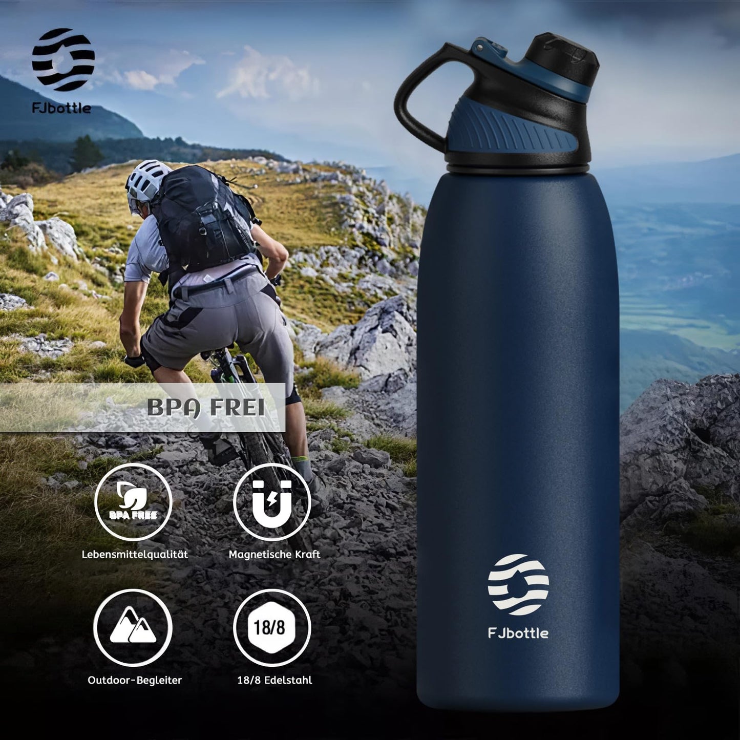 Fjbottle Edelstahl Trinkflasche Sport mit Magnetischem Deckel 1L, 800ml, 600ml, 400ml BPA-Frei Auslaufsichere Kinder Flasche - Kohlensäure geeignet 1500ML Wasserflasche Thermo für Schule, Fitness