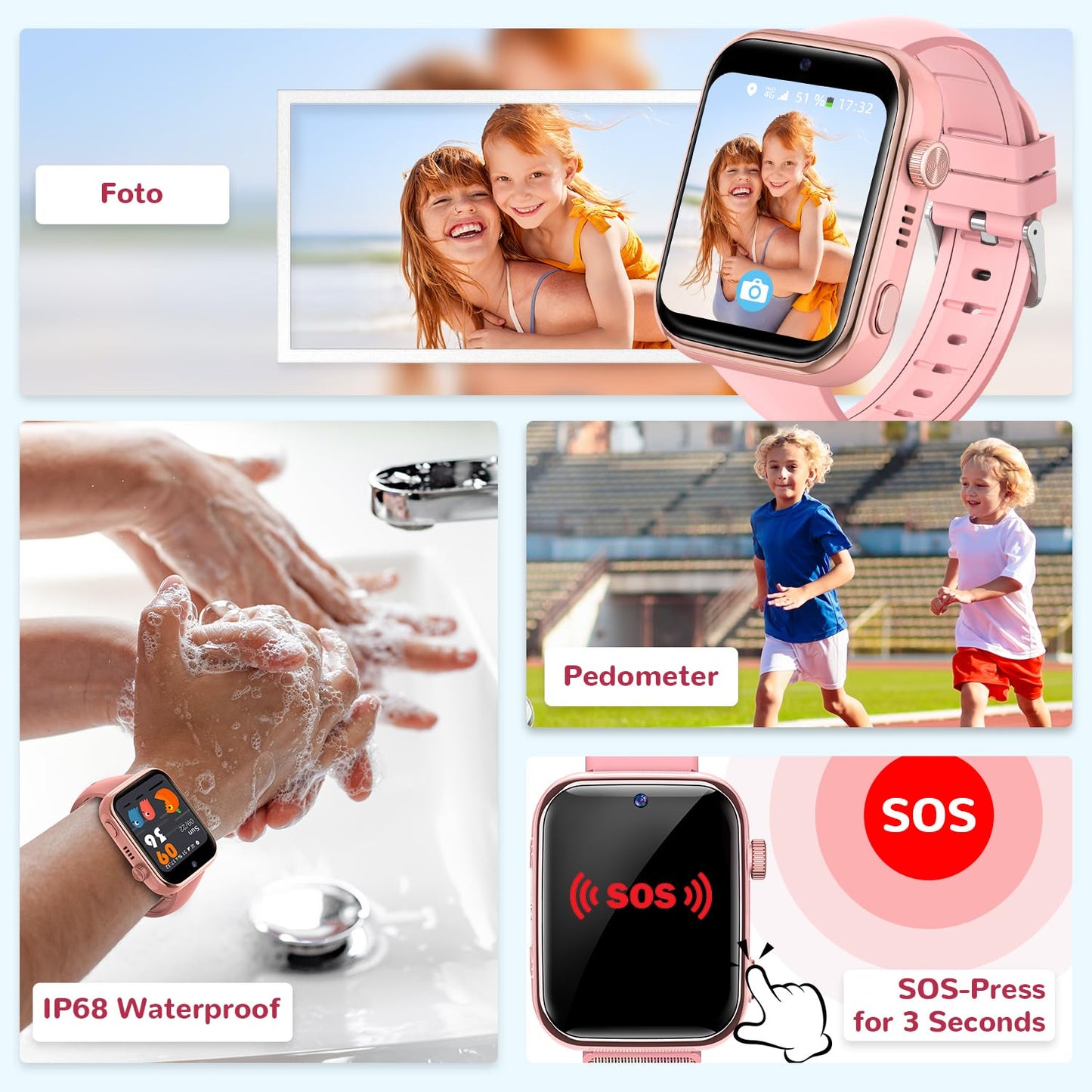 4G Children's Smartwatch with Video Call and Phone, IP68 Waterproof Children's Watch Voice Chat, WhatsApp, WiFi, GPS, SOS, SMS, School Mode, Pedometer, Sleep Alarm Clock, Children's Watch for Girls