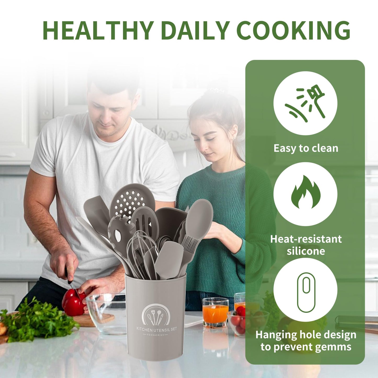 Küchenhelfer Set, 43 teiliges Küchenutensilien Set. Kochlöffel Set Silikon, Hochtemperaturbeständig und antihaftbeschichtet. Küchenutensilien beige mit Vorratsbehälter S Haken, spülmaschinenfest