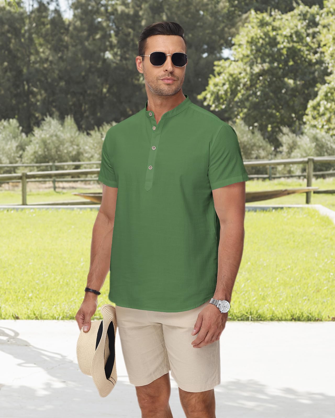 HMIYA Herren Sommerhemd Baumwolle Leinen Kurzarm Hemd Herren Henley-Kragen Lässiges Regular Fit Shirts