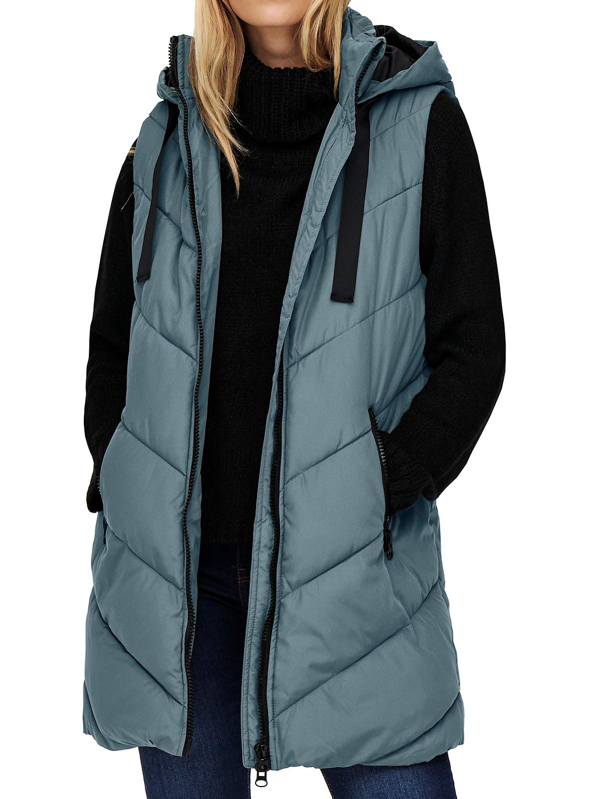 JDY JDYSkylar Women's 3/4 Length Quilted Vest Padded Hood Waistcoat with Hood