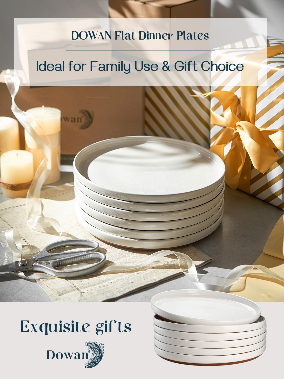 DOWAN Steingut Dessert Teller Set,Tellerset Keramik-6 Personen,21cm Speiseteller Porzellan,Essteller,Steinzeug Geschirrteller,Flache Frühstückstelle teller para Salat,Pasta,Vanille-Weiß