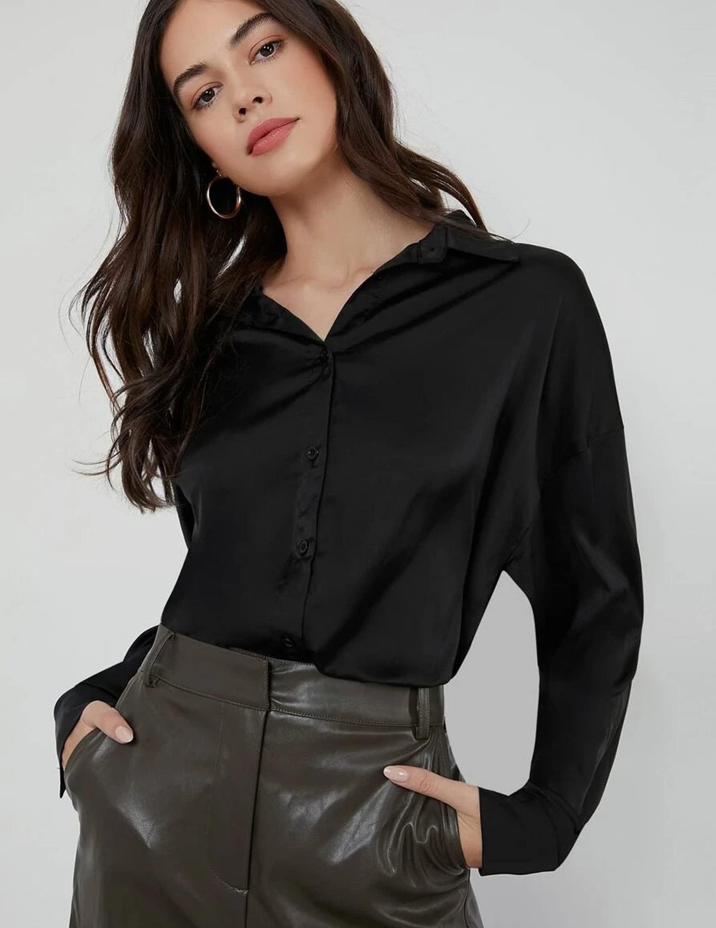 Beyove Damen Bluse Satin Seide V-Ausschnitt Hemden Elegant Langarm Business Oberteile mit Knöpfen Tops Lose Langarmshirt