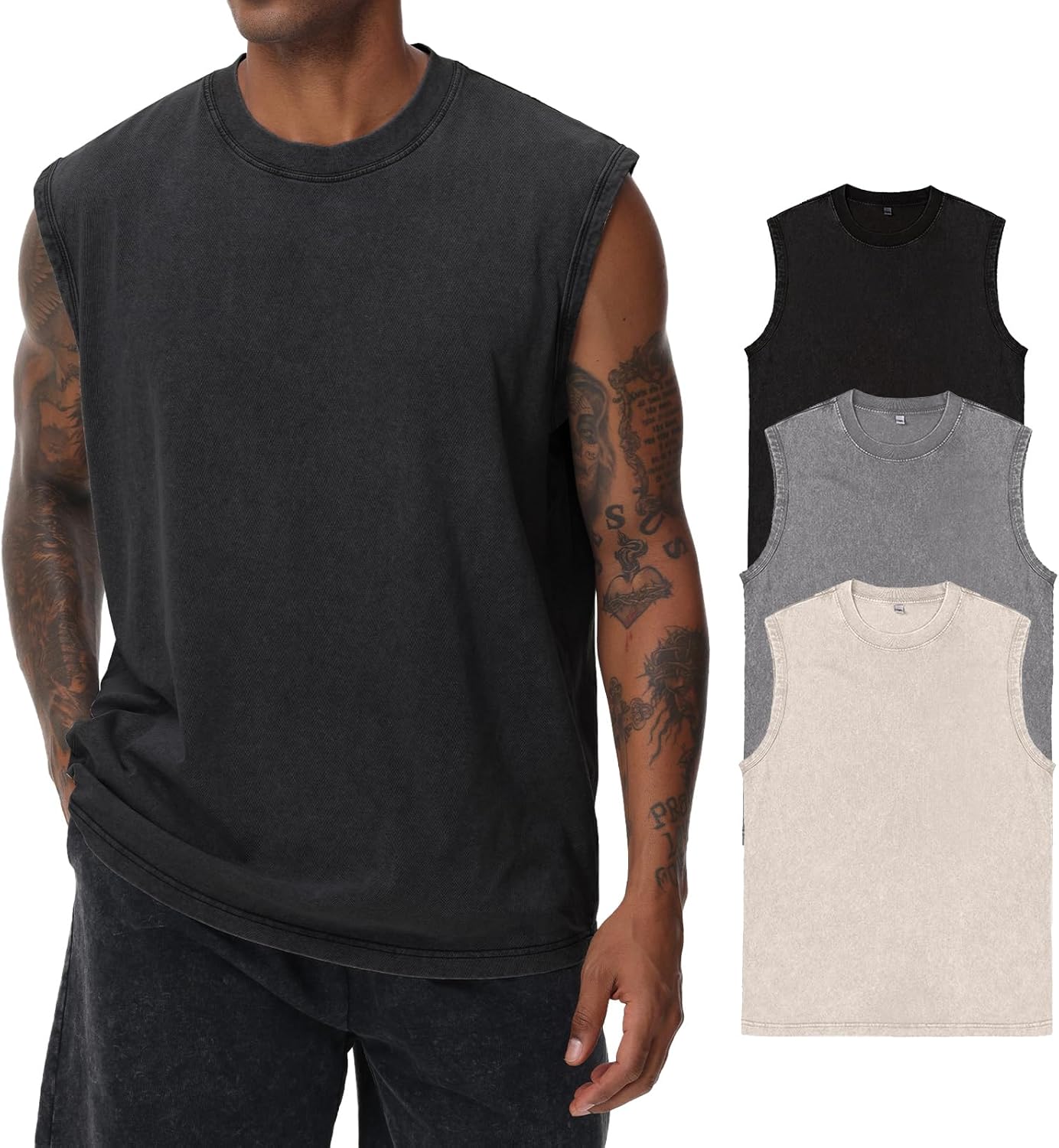 Herren Kurzarm Sommer Ärmelloses Shirt, Männer Fitness ärmellos Weste, Washed Sleeveless t-Shirt, Workout, Fitnessstudio, Baumwolle