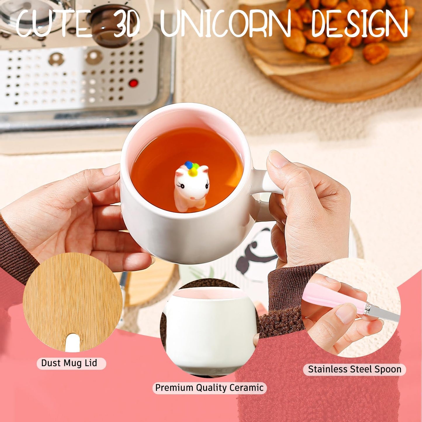 BigNoseDeer Süße Sachen Keramik Katze Kaffeetasse Teetasse Deckel Löffel Lustige Tassen Geschenke für Frauen Kaffeebecher 3D Tasse Personalisiert Cappuccino Tasse Beste Freundin Weihnachten Geschenk