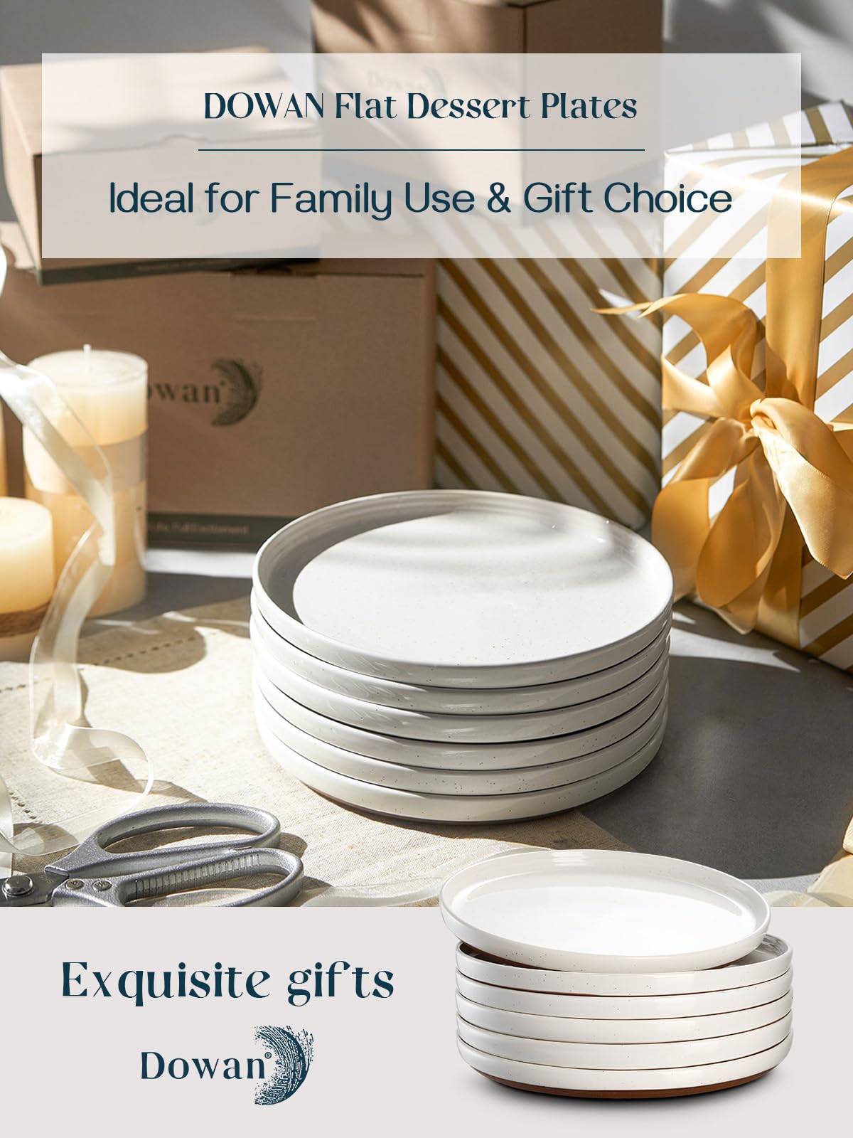 DOWAN Steingut Dessert Teller Set,Tellerset Keramik-6 Personen,21cm Speiseteller Porzellan,Essteller,Steinzeug Geschirrteller,Flache Frühstückstelle teller para Salat,Pasta,Vanille-Weiß