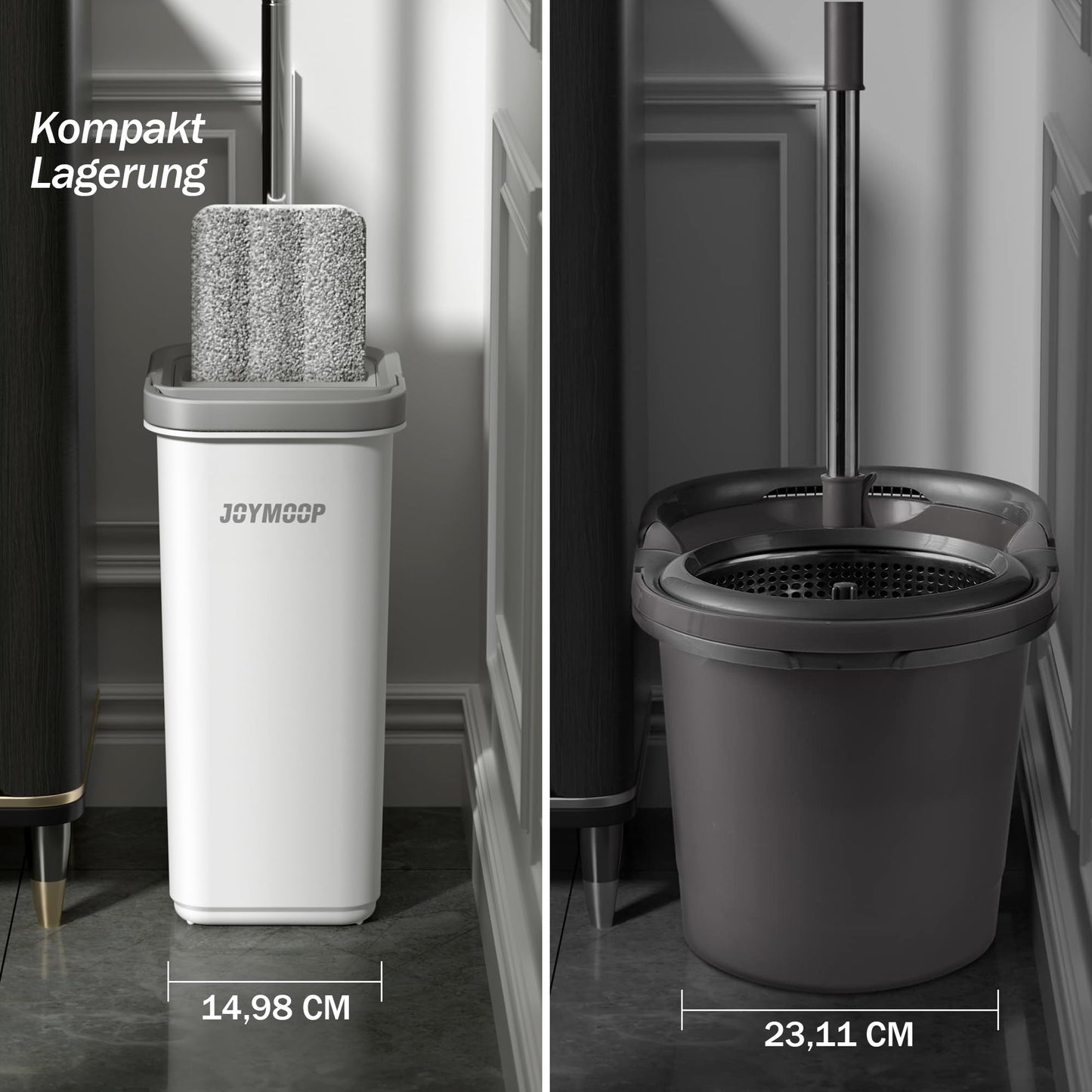 JOYMOOP Mop und Eimer mit Wringer Set, Hands Free Flat Floor Mop und Eimer, mit 5 waschbaren Mikrofaserpads, Nass- und Trockeneinsatz, Bodenreinigungssystem