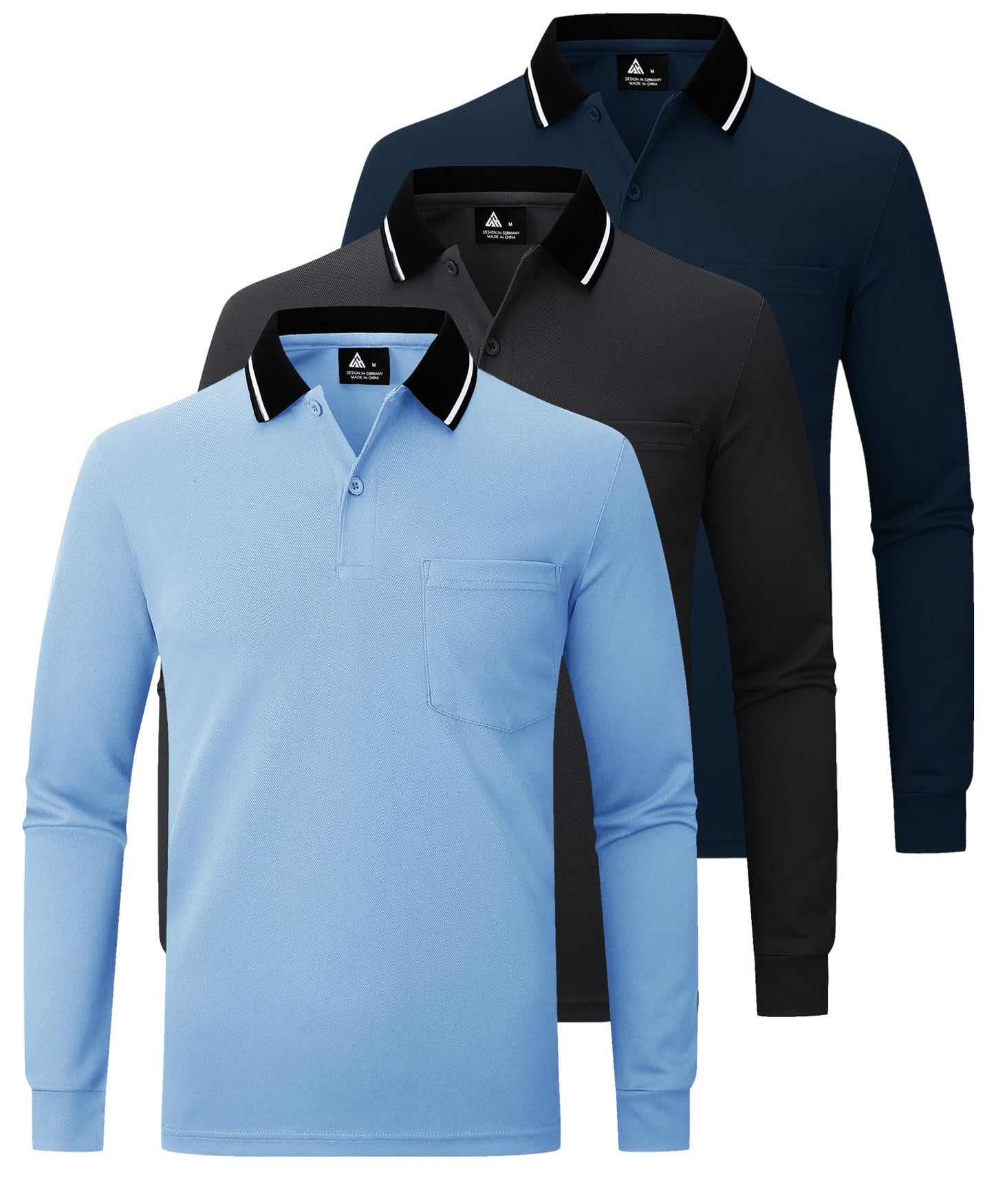 JACKETOWN 3er Pack Poloshirt Herren Langarm Atmungsaktiv Poloshirt Set Knopfkragen Arbeitshemd Golf Polohemd Frühling Herbst Arbeits T Shirt mit Tasche