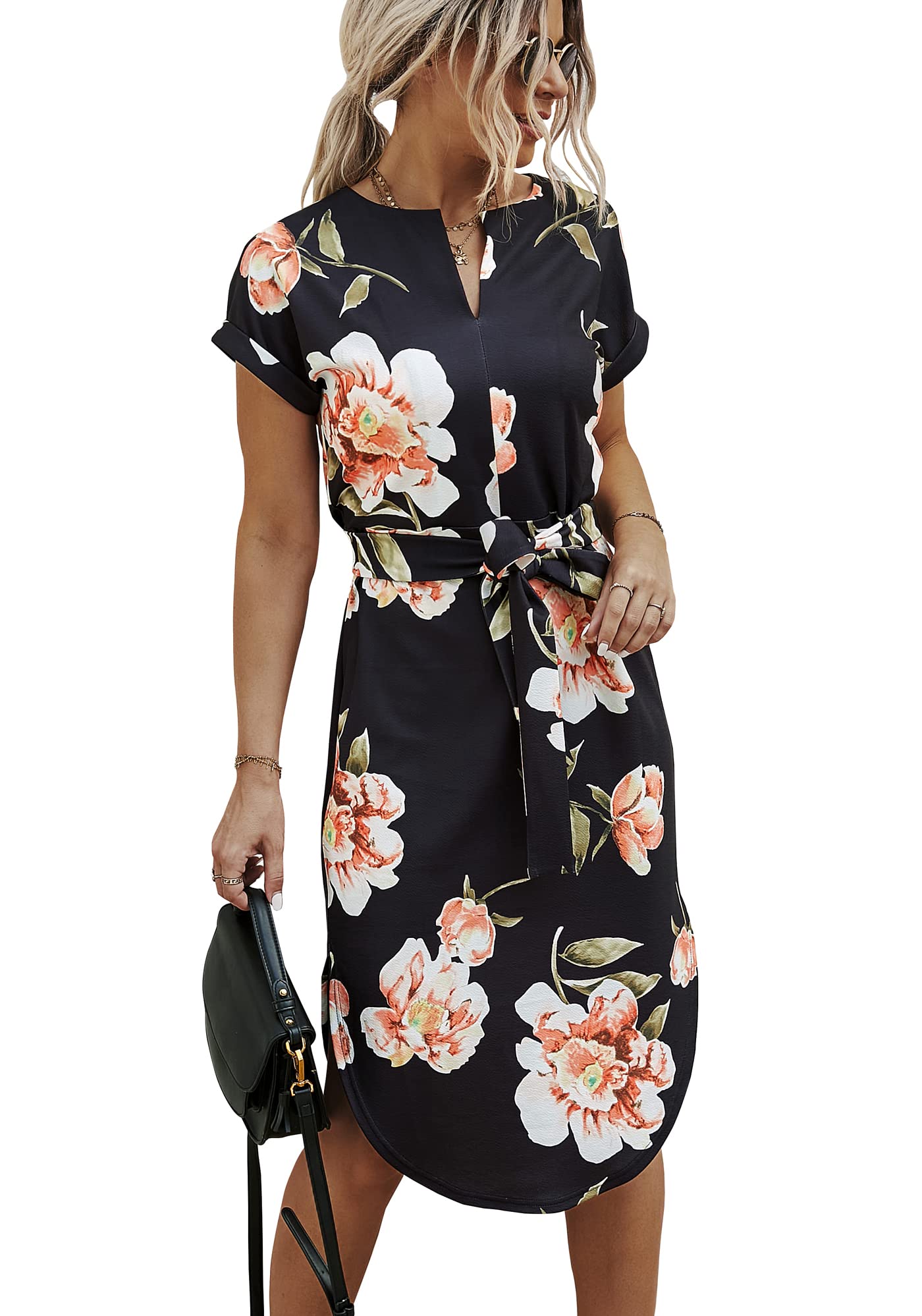 Ajpguot Sommerkleid Damen Elegant Kleider Kurzarm V-Ausschnitt Strandkleid Blumen Knielang Kleid mit Gürtel Partykleid Abendkleid