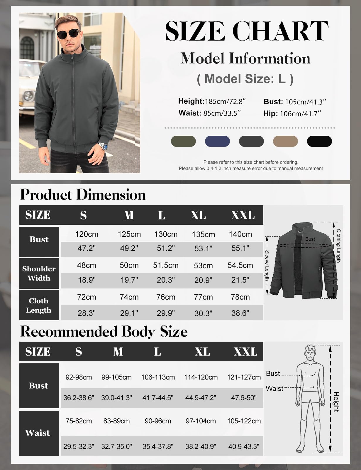 Lonya Men's Fleece Winter Windproof Bomber Jacket Full Zip Transition Jacket Flight Jacket Autumn Warm Padded Stand-Up Collar Coats Jackets