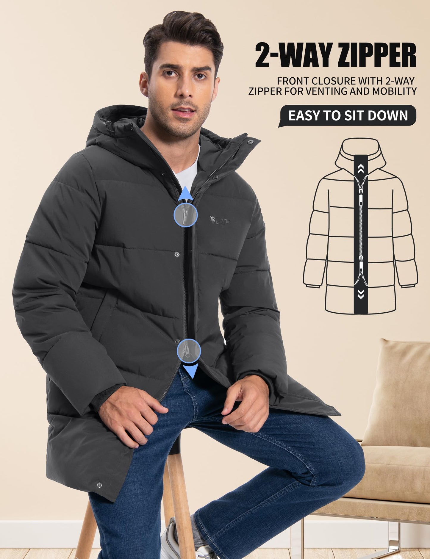 Pioneer Camp Men's Winter Jacket Long Windproof Waterproof Warm Down Jacket Winter Outdoor Parka Jacket with Hood