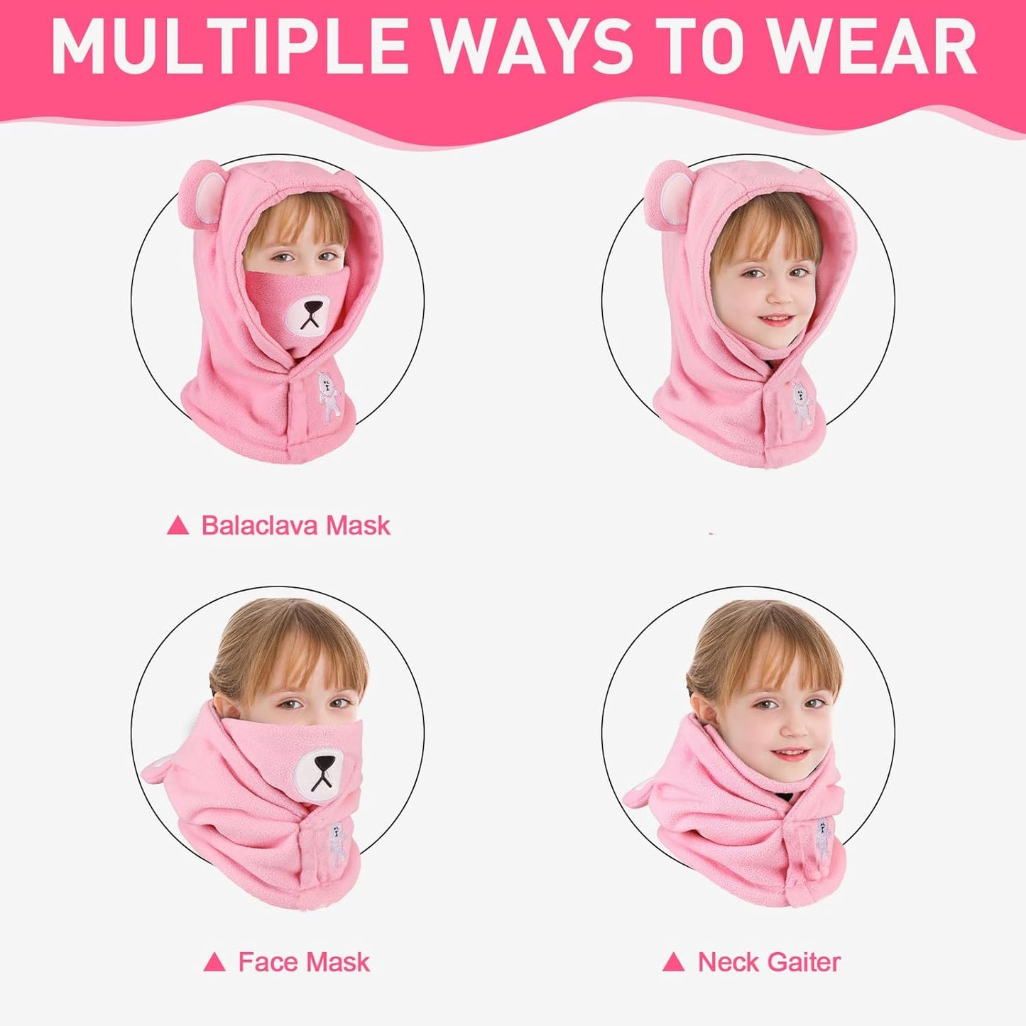 Children's Winter Thermal Fleece Balaclava 4-12 Years, Multifunctional Windproof Adjustable Face Mask, Ski Mask, Warm Hat, Balaclava, Neck Warmer Scarf for Boys and Girls, Outdoor Activities