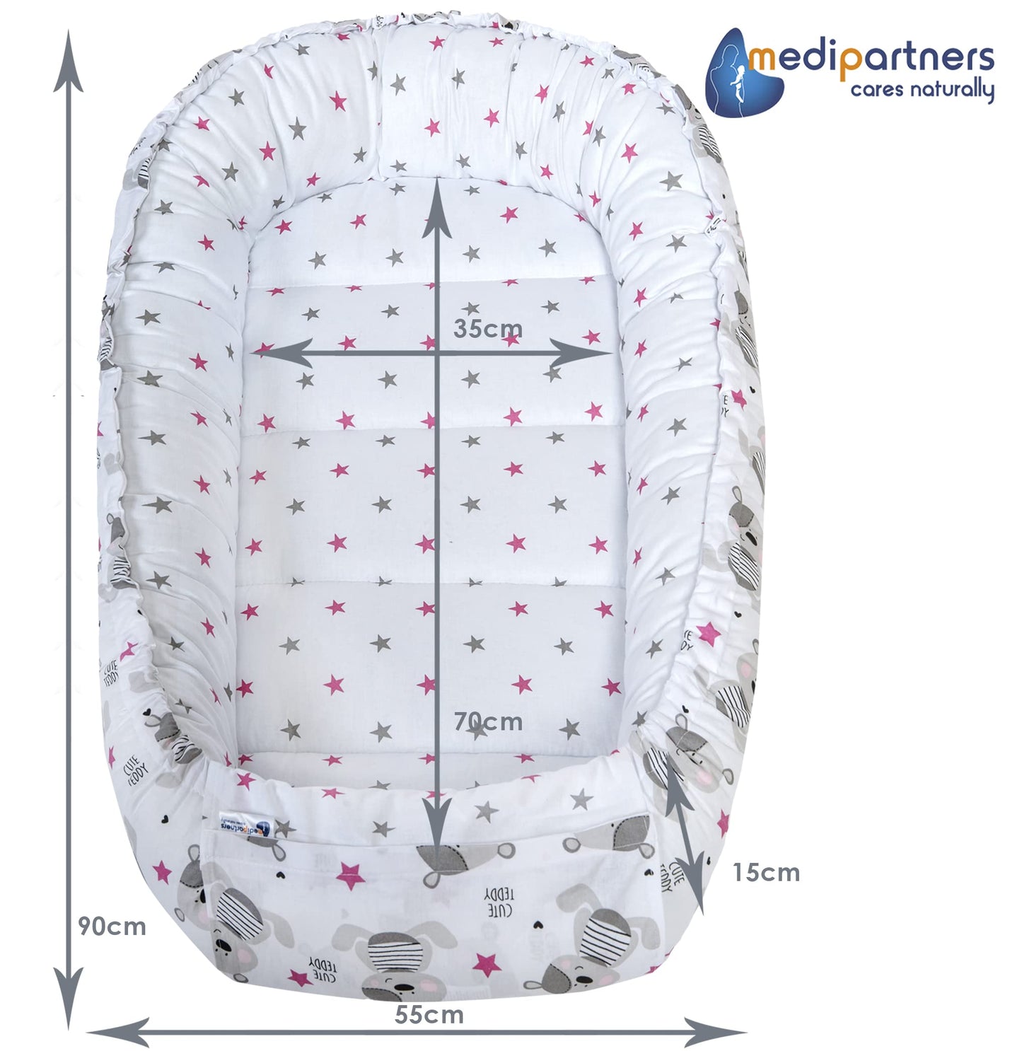 Medi Partners Babynest Nestchen Baby Set für Neugeborene - 100x60x15 Kuschelnest 5 teilig tragbar Nest zweiseitig Babynestchen Bett 100% Baumwolle (Lichtung mit grauem Minky)