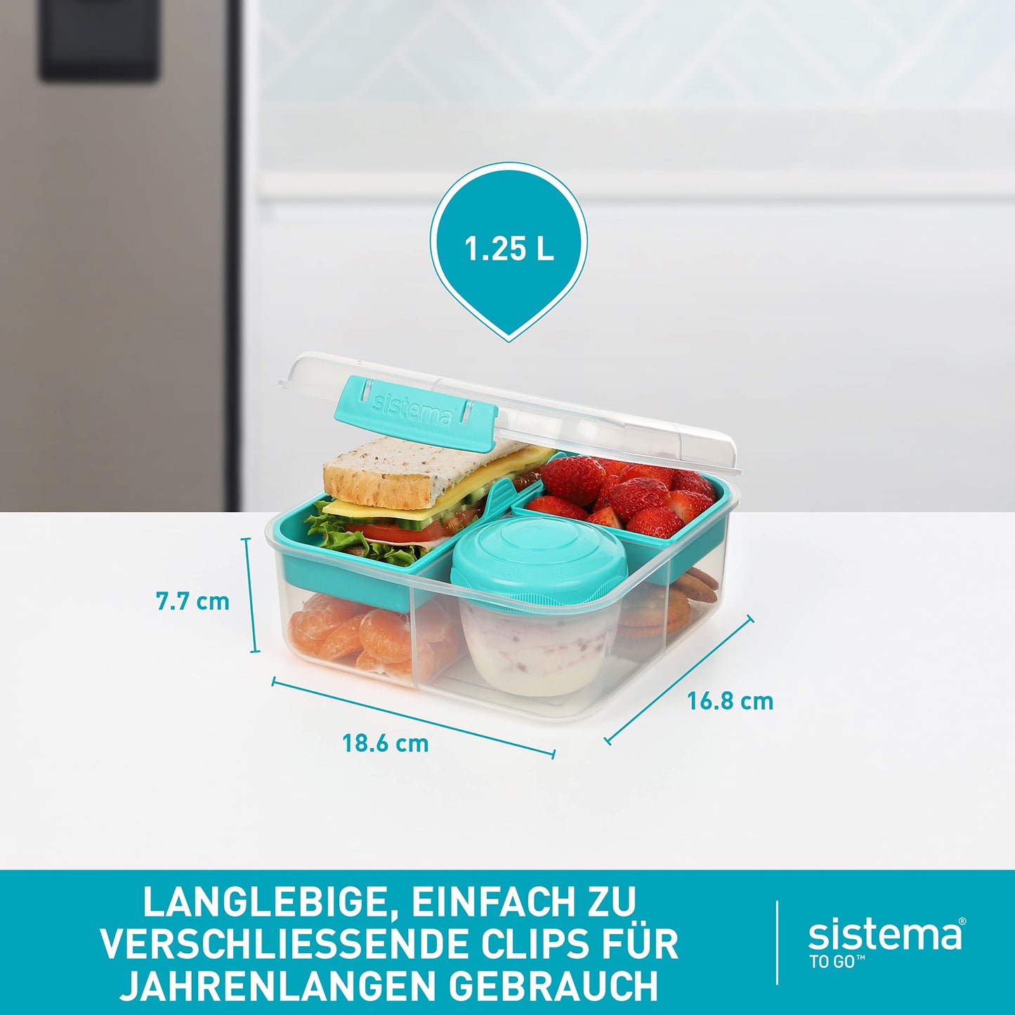 Sistema Bento-Box | 1,25 L | Brotdose für Pause mit Fächern und Snackbox | BPA-frei | hergestellt aus Ocean Bound Plastic | Teal Stone | 1 Stück, Mintgrün (Recycelter Kunststoff)