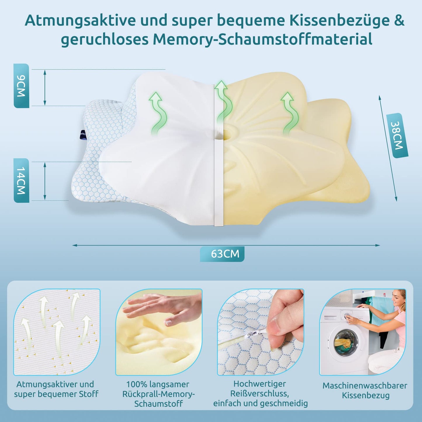DONAMA Memory Foam Kissen ergonomisches Nackenkissen Kopfkissen Seitenschläferkissen für Seiten, Rücken & Bauchschläfer