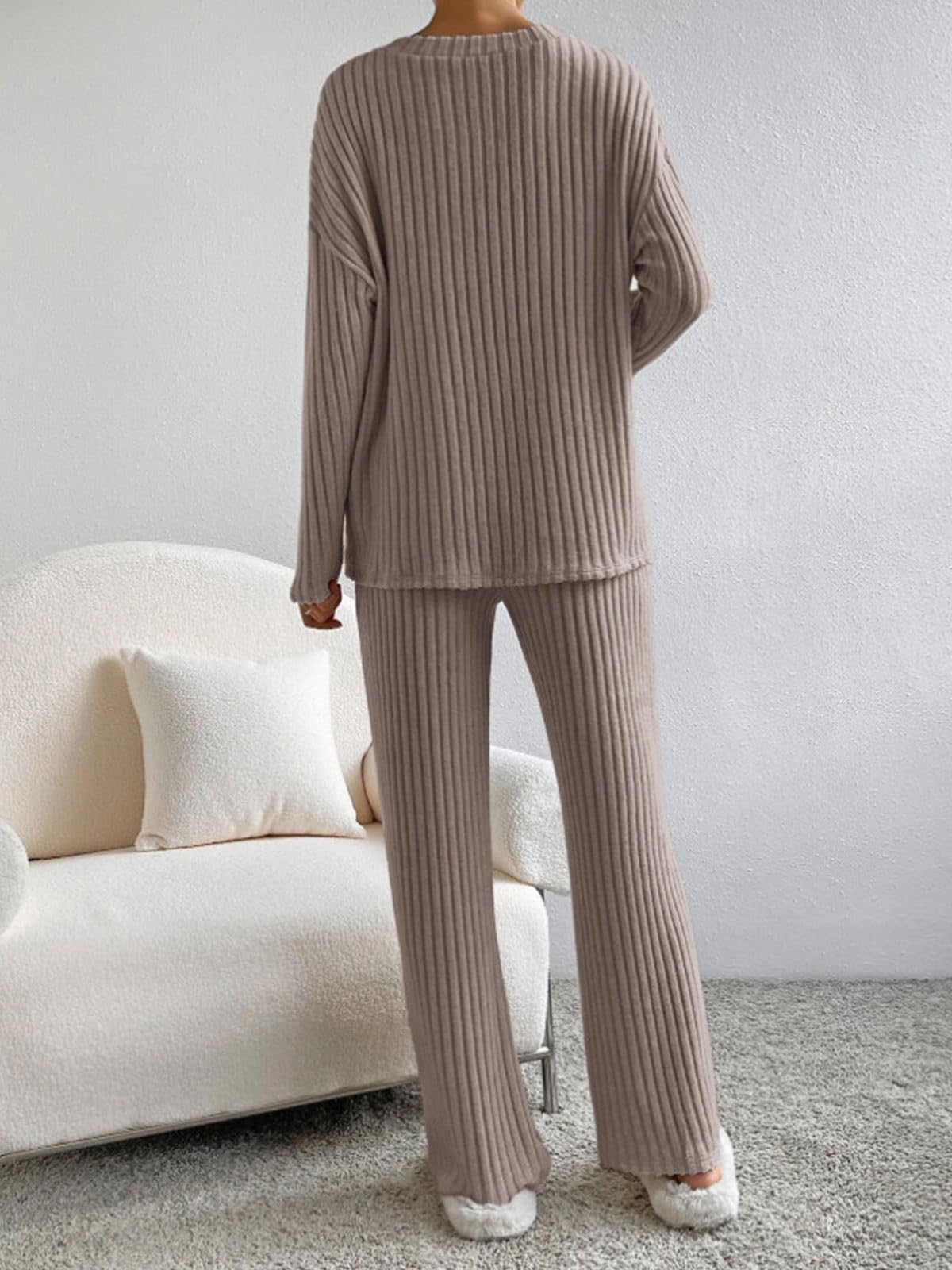 CheChury Zweiteiler Damen Lounge Set V-Ausschnitt Einfarbig Loungewear Gerippt Shirt Top Langärm mit Hose 2-Teiliges Hausanzug Jogginganzug Loungewear Nachtwäsche Hauskleidung Freizeit Outfit
