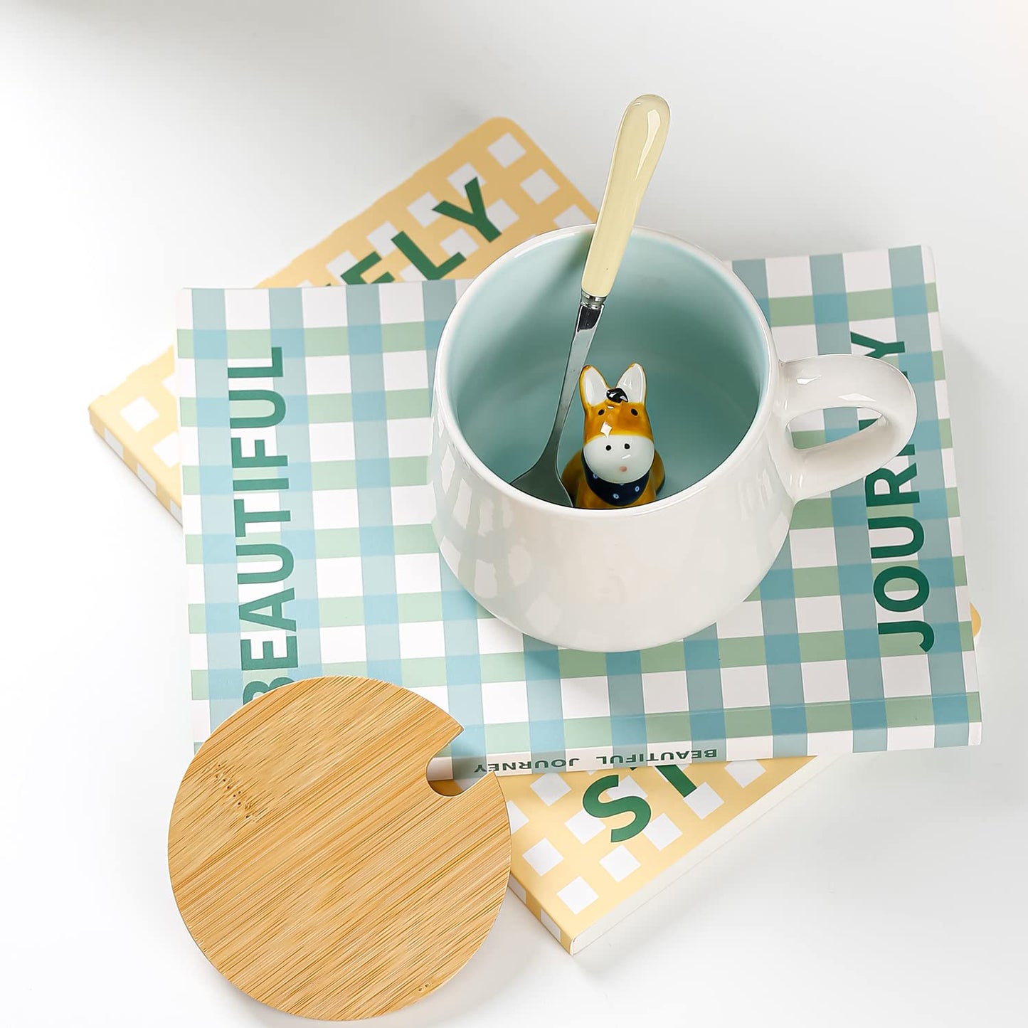 BigNoseDeer Süße Sachen Keramik Katze Kaffeetasse Teetasse Deckel Löffel Lustige Tassen Geschenke für Frauen Kaffeebecher 3D Tasse Personalisiert Cappuccino Tasse Beste Freundin Weihnachten Geschenk