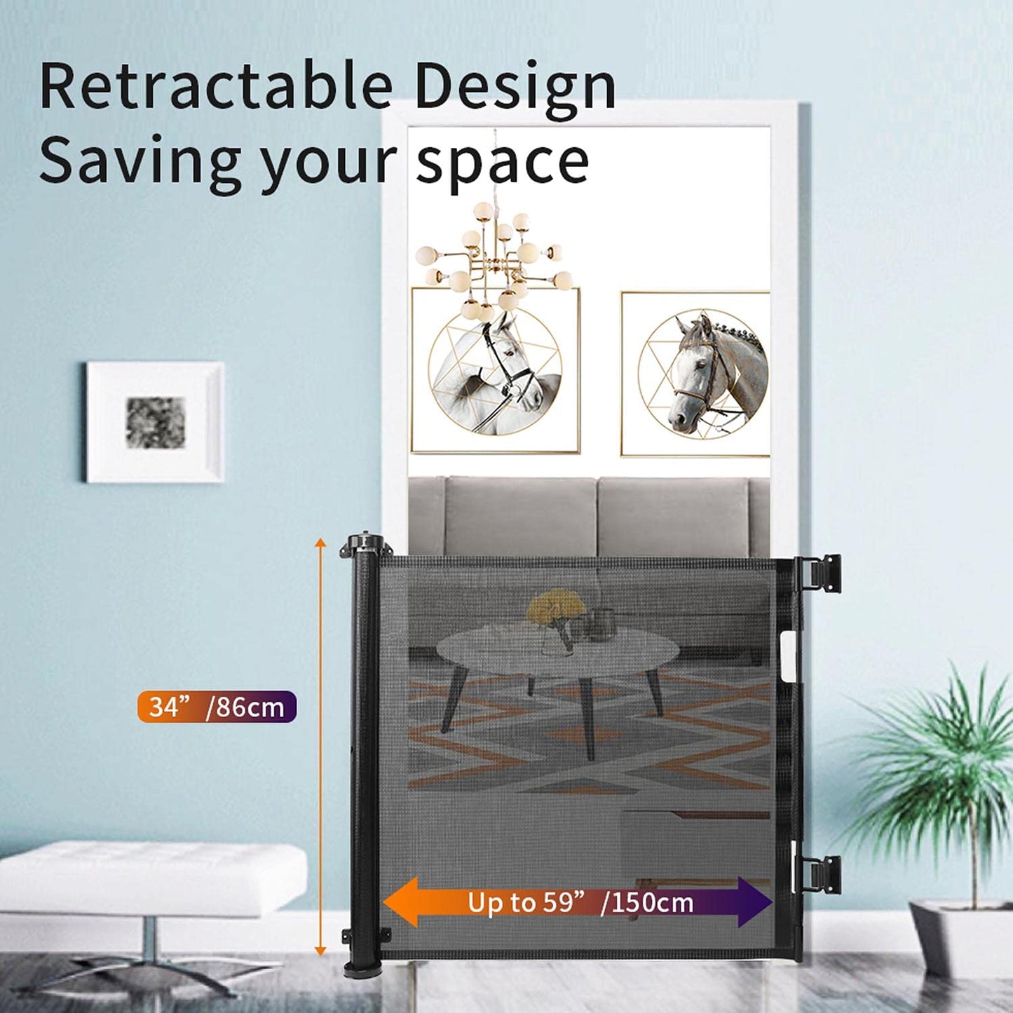 Retractable Stair Safety Gate for Babies, 0-150 cm Wide, Baby Barrier, Cat and Dog Barrier, One-Handed Operation, Suitable for Indoor & Outdoor Use (150 cm, Black)