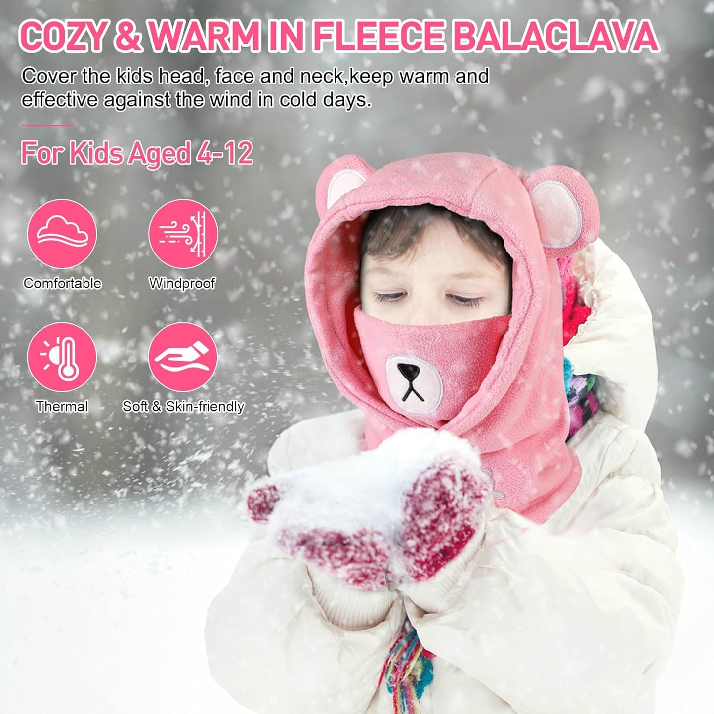Children's Winter Thermal Fleece Balaclava 4-12 Years, Multifunctional Windproof Adjustable Face Mask, Ski Mask, Warm Hat, Balaclava, Neck Warmer Scarf for Boys and Girls, Outdoor Activities