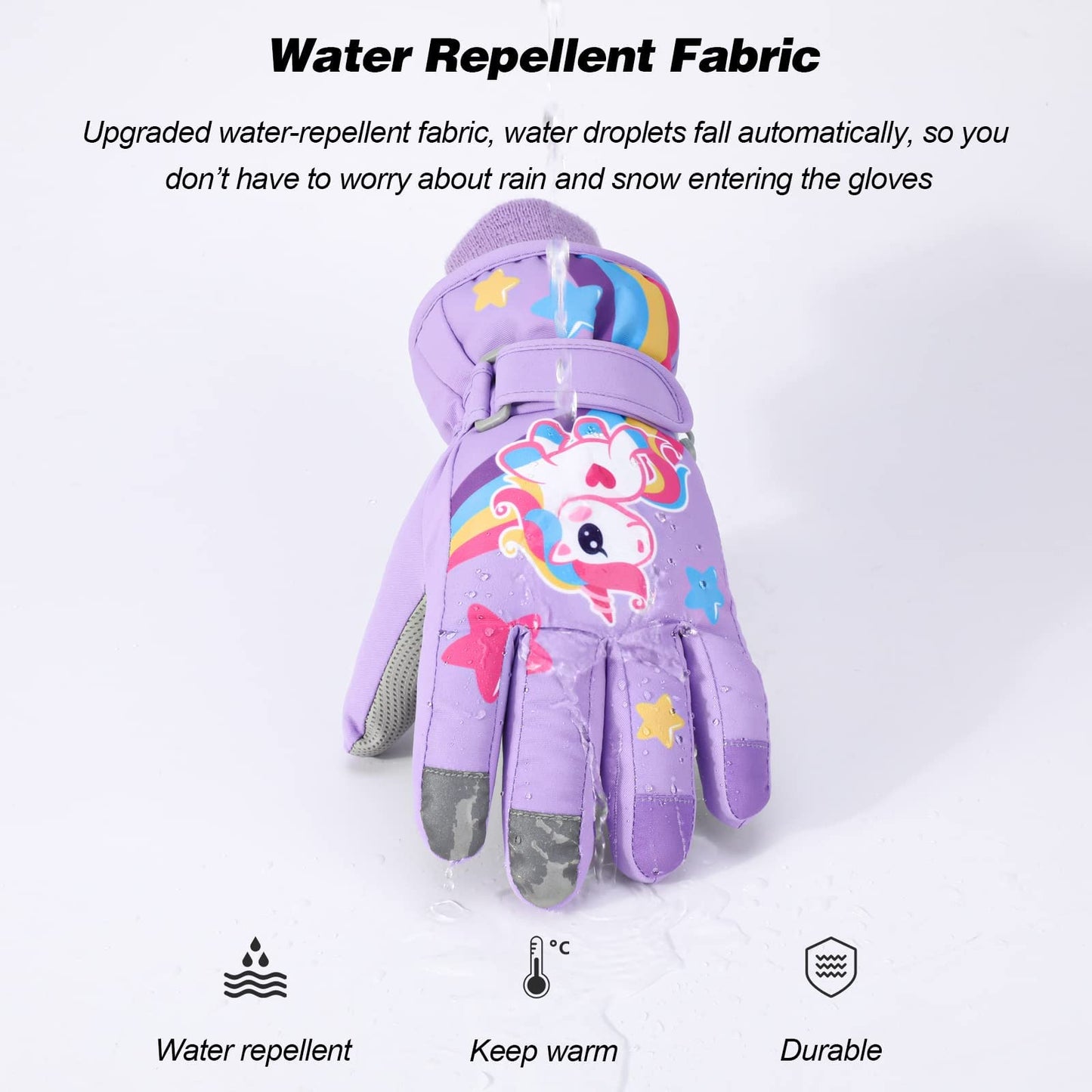 Children's Winter Ski Gloves Waterproof Snowboard Gloves Non-Slip Plush Lined Warm Unicorn Gloves for Girls Boys 2-9 Years Old