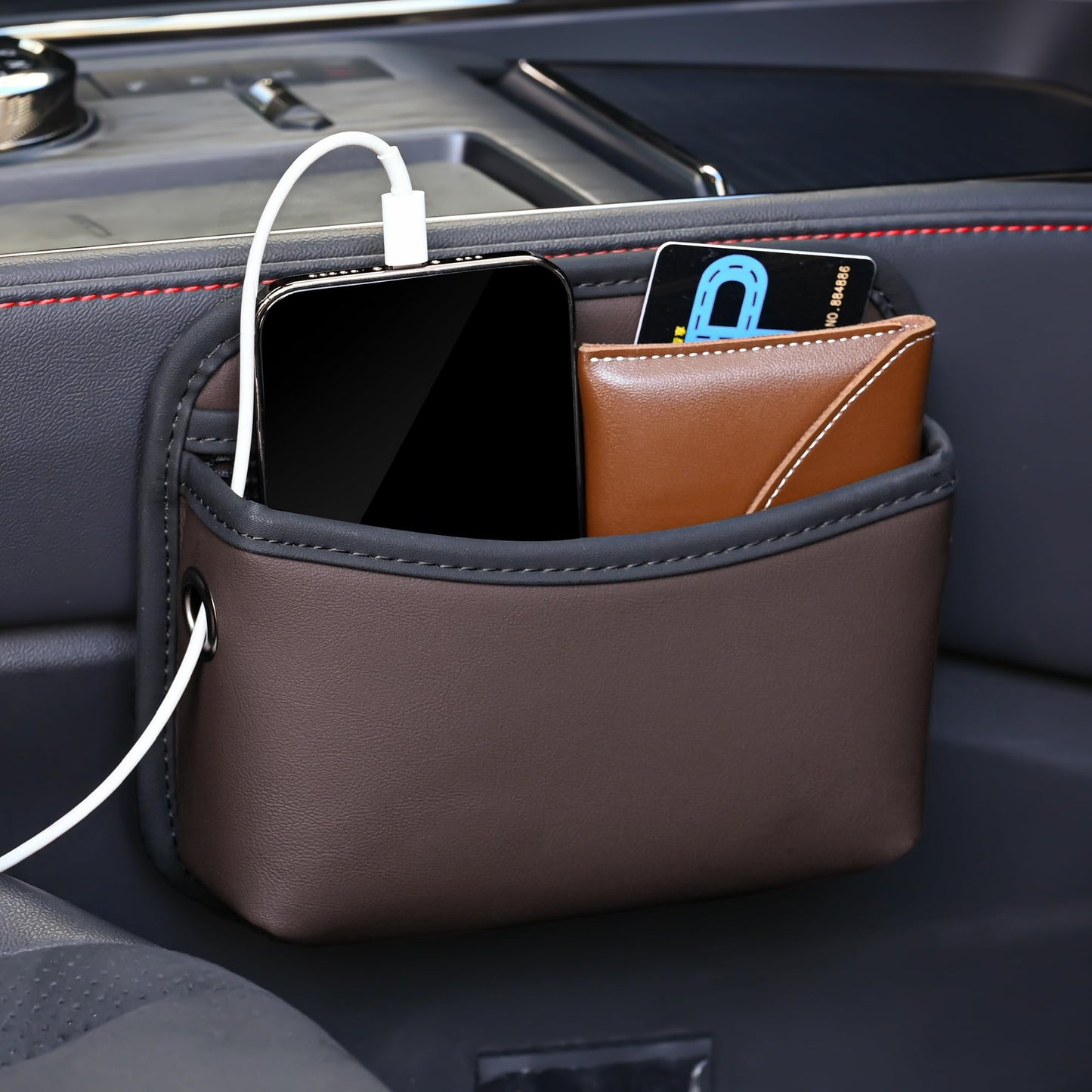 PU Leather Car Side Bag Organiser, Universal Car Bag Mobile Phone Holder for Car, Car Seat Gap Filler Storage Accessories Organiser for Car Door, Console (Black)