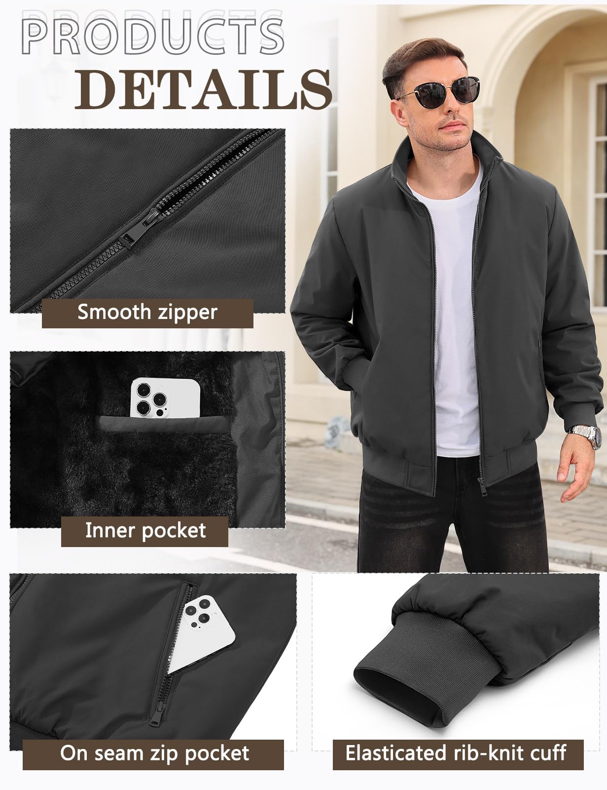 Lonya Men's Fleece Winter Windproof Bomber Jacket Full Zip Transition Jacket Flight Jacket Autumn Warm Padded Stand-Up Collar Coats Jackets