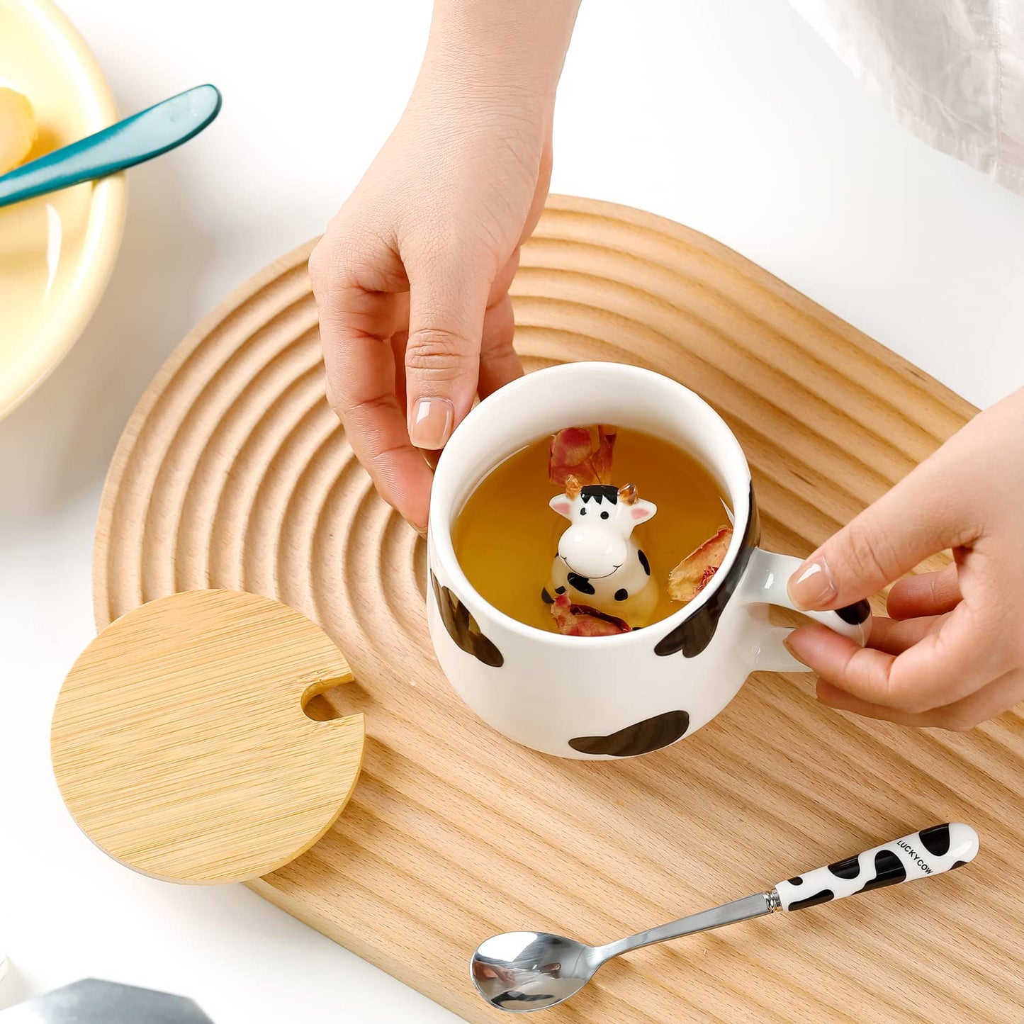 BigNoseDeer Süße Sachen Keramik Katze Kaffeetasse Teetasse Deckel Löffel Lustige Tassen Geschenke für Frauen Kaffeebecher 3D Tasse Personalisiert Cappuccino Tasse Beste Freundin Weihnachten Geschenk