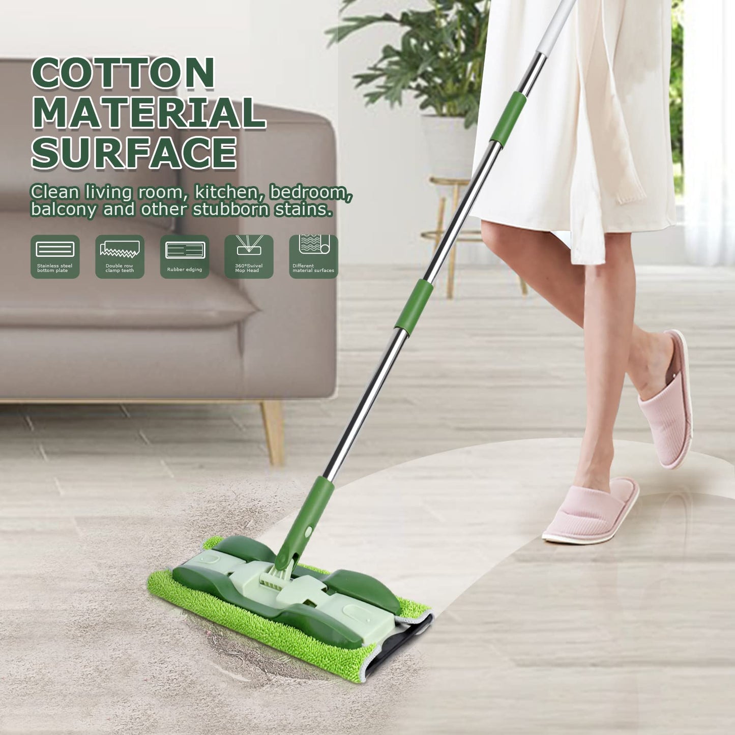 Masthome Wischmopp Bodenwischer Bodenreiniger,Mikrofaser Mopp mit 128cm Teleskopstiel,Wischer Boden Flachmopp mit 4 Moppads für Hartholz,Laminat,Fliesen,Marmor,Send Scraping Dust