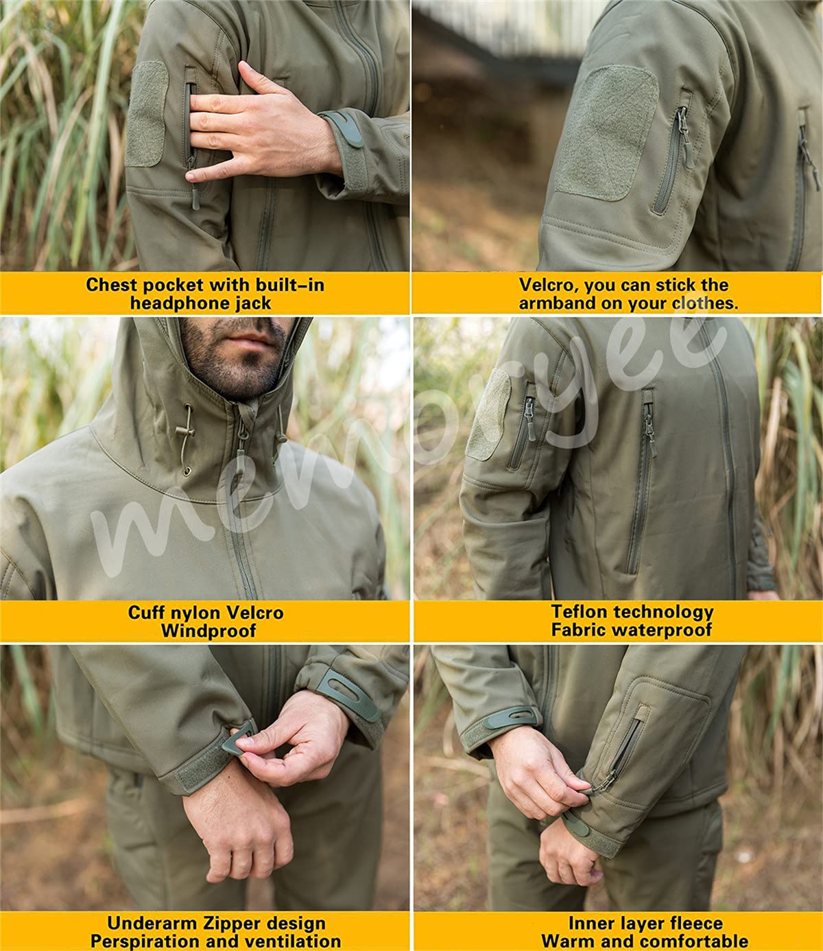 Memoryee Men's Waterproof Softshell Jackets, Warm Military Outdoor Tactical Hoodies, Camouflage Coat