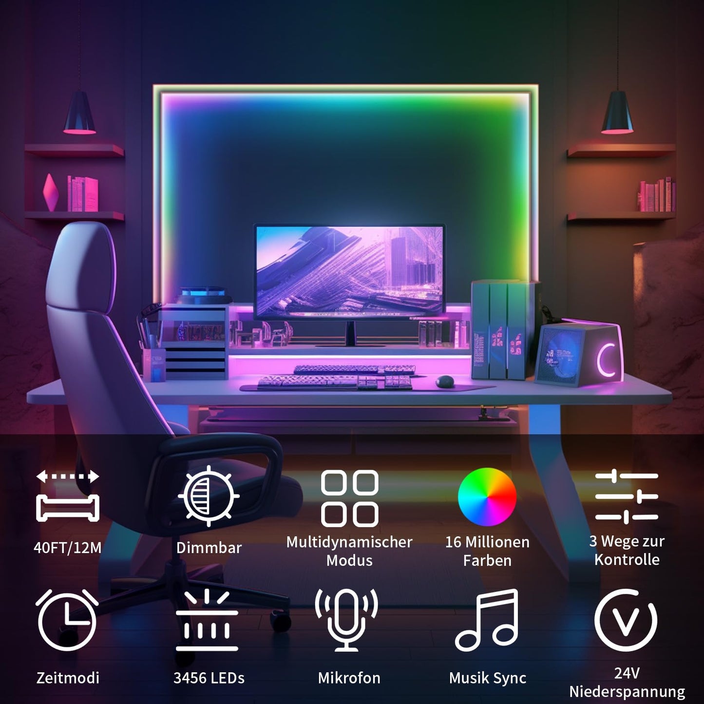 BUNACET COB RGB LED Strip 6M 24V Dimmbar, LED Streifen 3456 LEDs, Leiste Band Stripes Lichtband mit Netzteil RF Fernbedienung & APP Bluetooth für Küche Schlafzimmer Deko