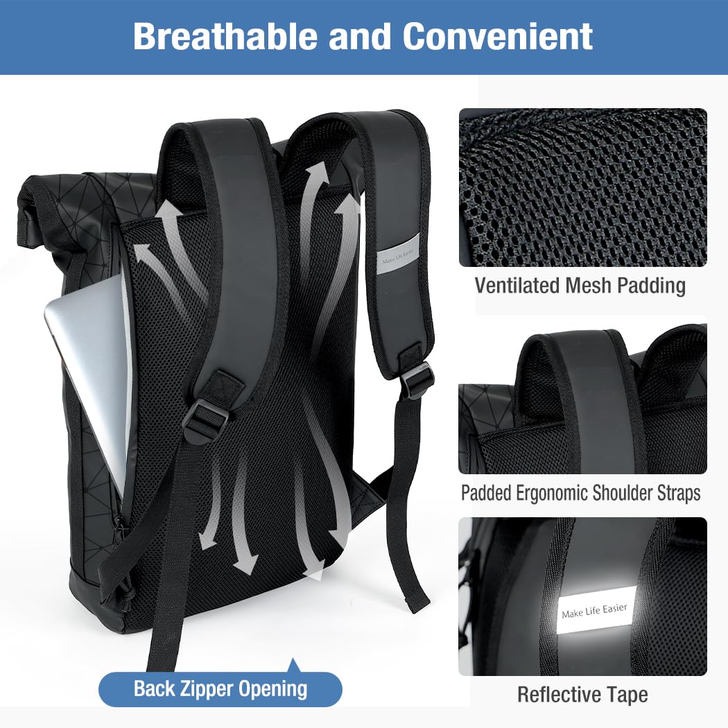 Lekeinchi Rolltop Rucksack Wasserdicht für Damen & Herren, Großer Laptop Rucksack mit Computerfach für 17 Zoll Laptop, Elegant Reiserucksack Daypack für Reisen, Radfahren, Uni Schule, Arbeit-Blau