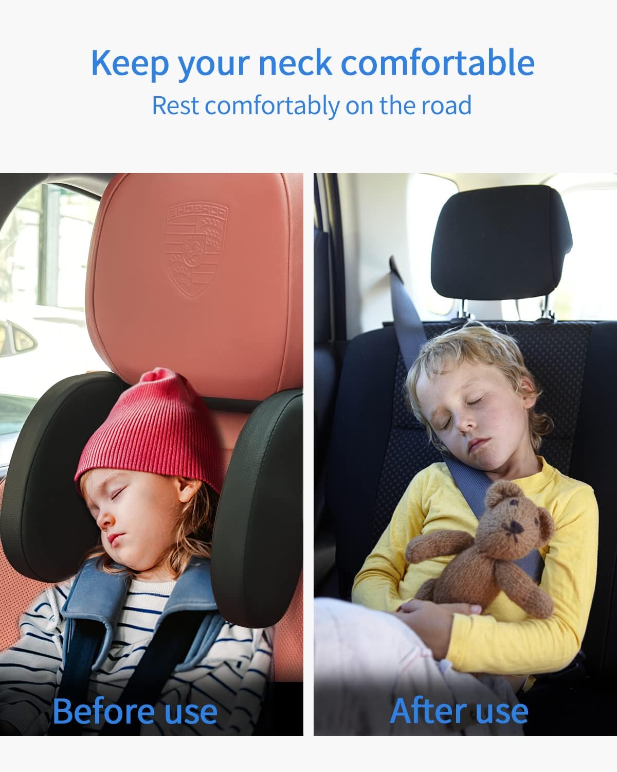 Children's Car Headrest, Neck Support for Children, Neck Pillow, Leather with Telescopic Rod and Sliding Clips, Quick Installation Travel Sleeping Pillow Headrest