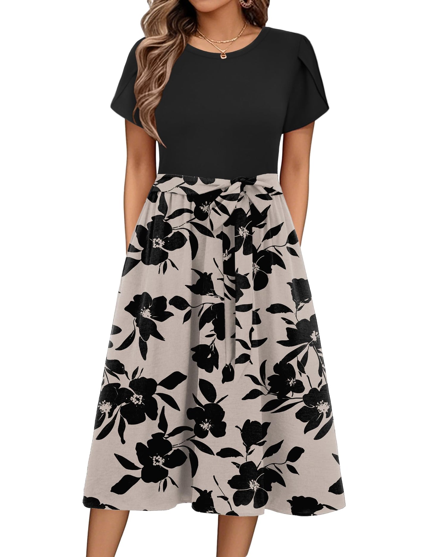 ZEAGOO Sommerkleid Damen Elegant Kleider Kurzarm Rundhals Midikleid A-Linie Blumenkleid Casual Tunika Kleid Hohe Taille Strandkleid mit Taschen S-XXL