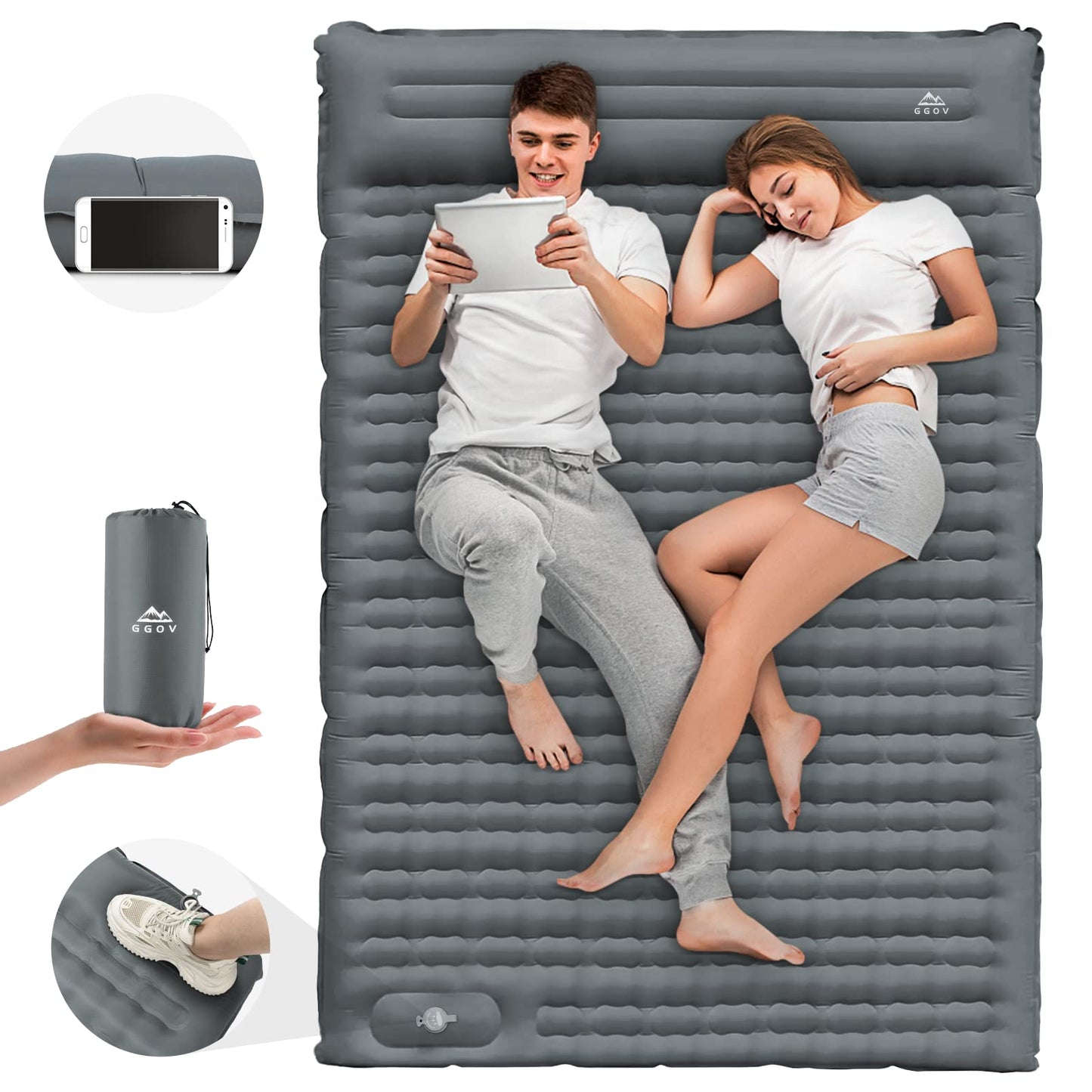 GGOV Isomatte Selbstaufblasend für Camping, 12 cm Höhe Bequeme Selbstaufblasende luftmatratze für Wandern, Ultraleicht Wasserdicht Luftmatratze Outdoor, mit Fußpresse Pumpe, Tragbar Kleines Packmass