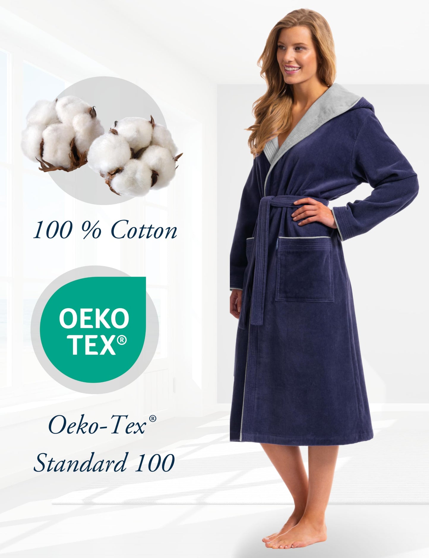 Morgenstern Bademantel Damen 100% Baumwolle mit Kapuze Frottee-Velours OEKO-TEX Leonie