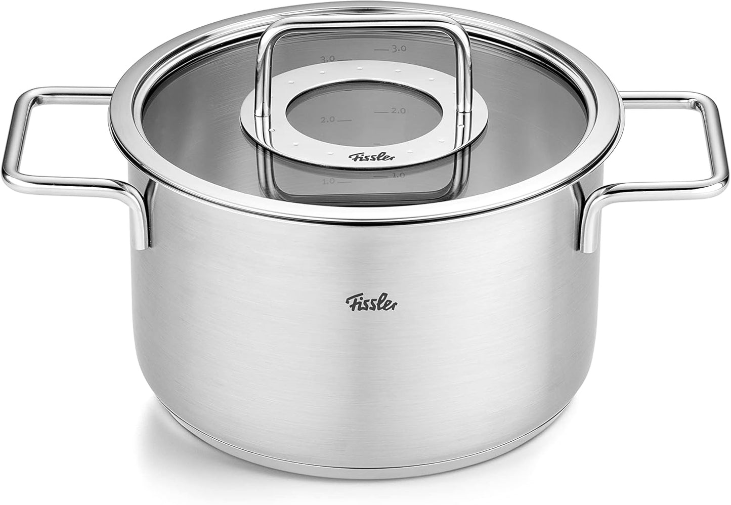 Fissler Pure Collection / Edelstahl-Kochtopfset, 5-teilig, Töpfe mit Glas-Deckel (3 Kochtöpfe,1 Bratentopf 1 Stielkasserolle) - Induktion, Silber